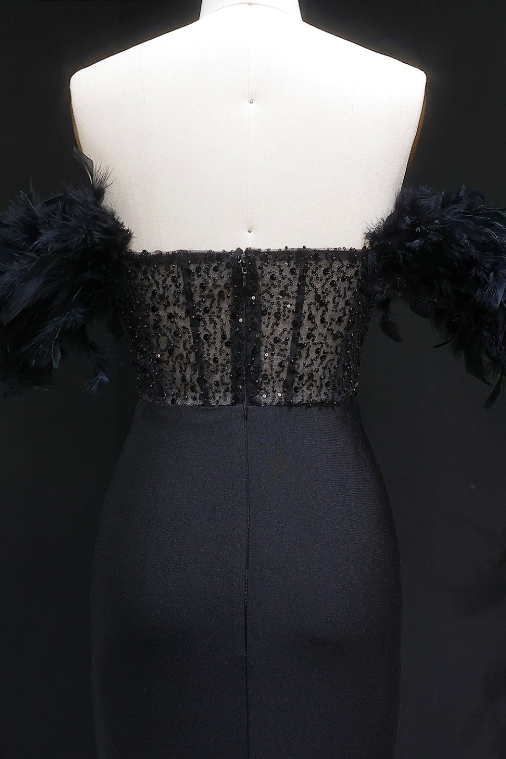 Black Sequin Sheath Off-the-Shoulder Feather Trim Prom Dress SH141 Sheer Fairy