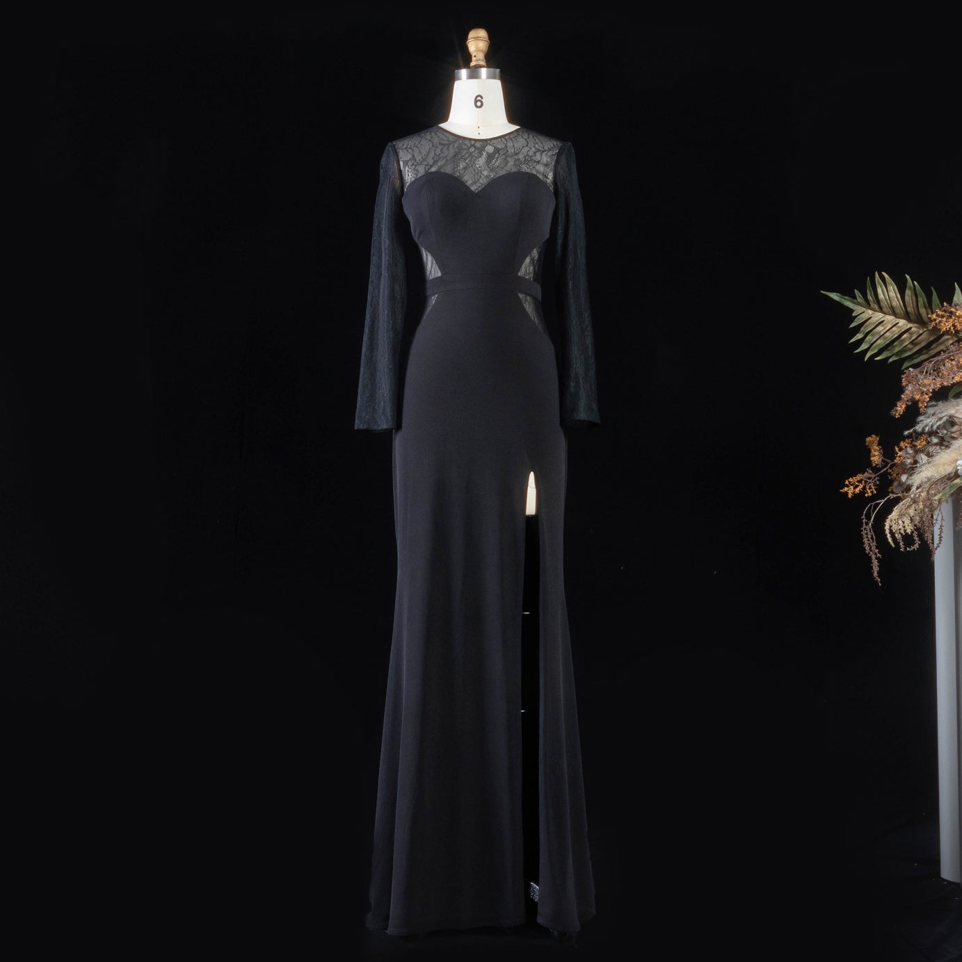 Long Sleeve Sexy Mermaid Sheer Lace Black Prom Dress with Split Side SH096 Sheer Fairy