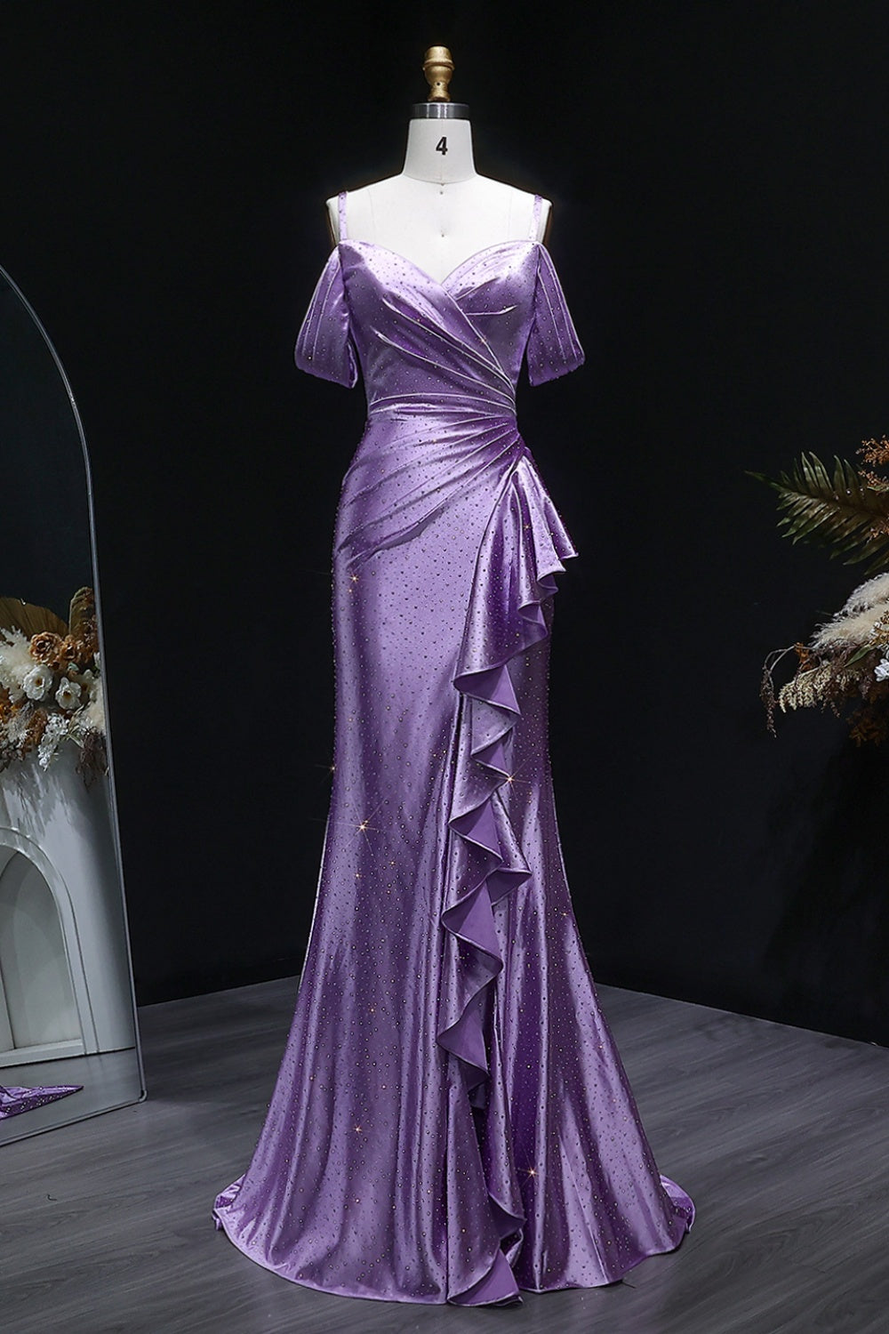 Lavender Metallic Satin Ruffled Mermaid Lilac Prom Dress SH142 Sheer Fairy