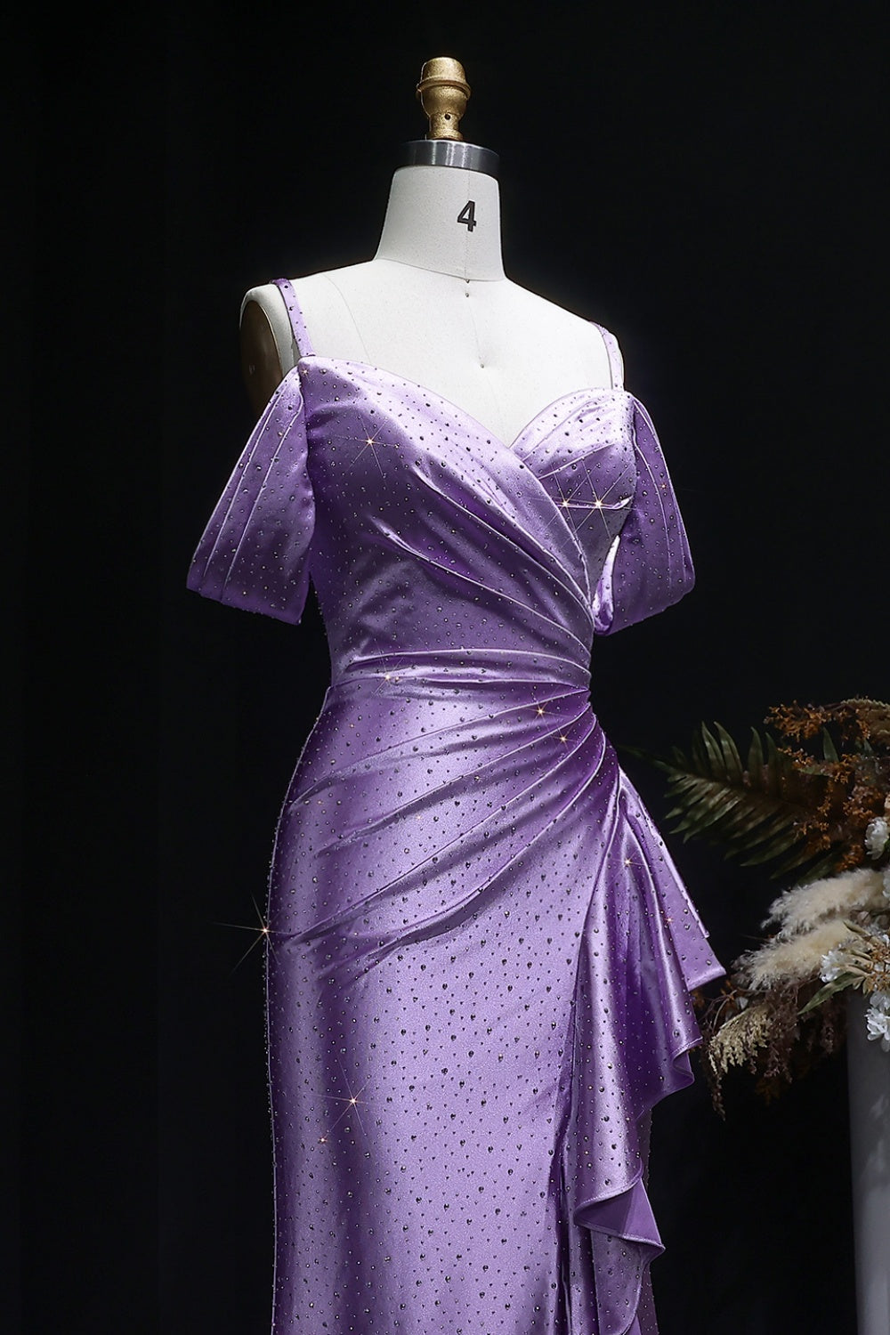 Lavender Metallic Satin Ruffled Mermaid Lilac Prom Dress SH142 Sheer Fairy
