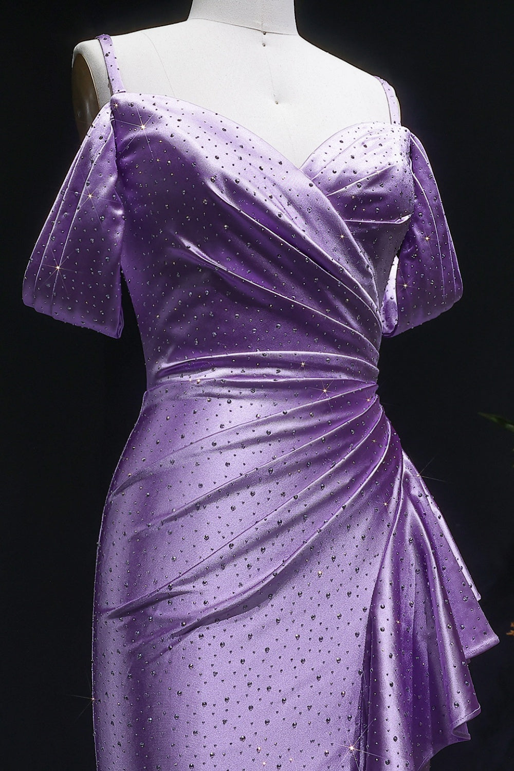 Lavender Metallic Satin Ruffled Mermaid Lilac Prom Dress SH142 Sheer Fairy
