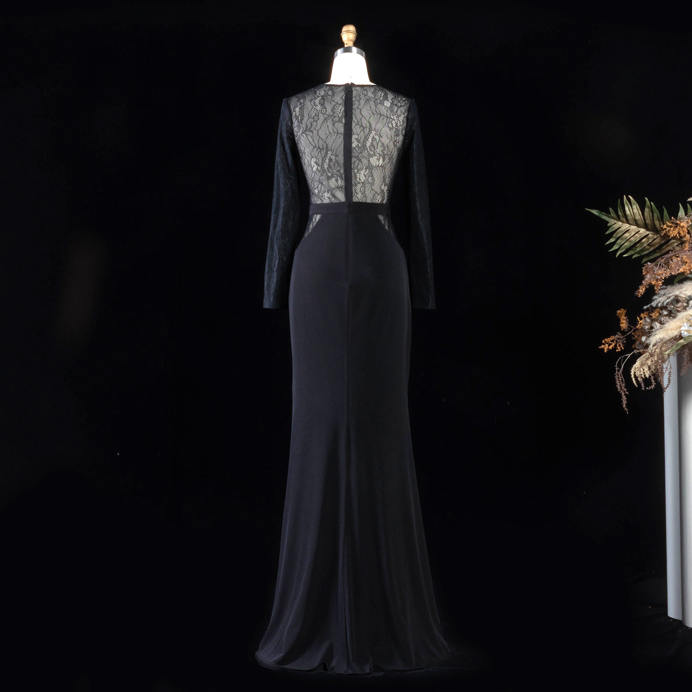 Long Sleeve Sexy Mermaid Sheer Lace Black Prom Dress with Split Side SH096 Sheer Fairy