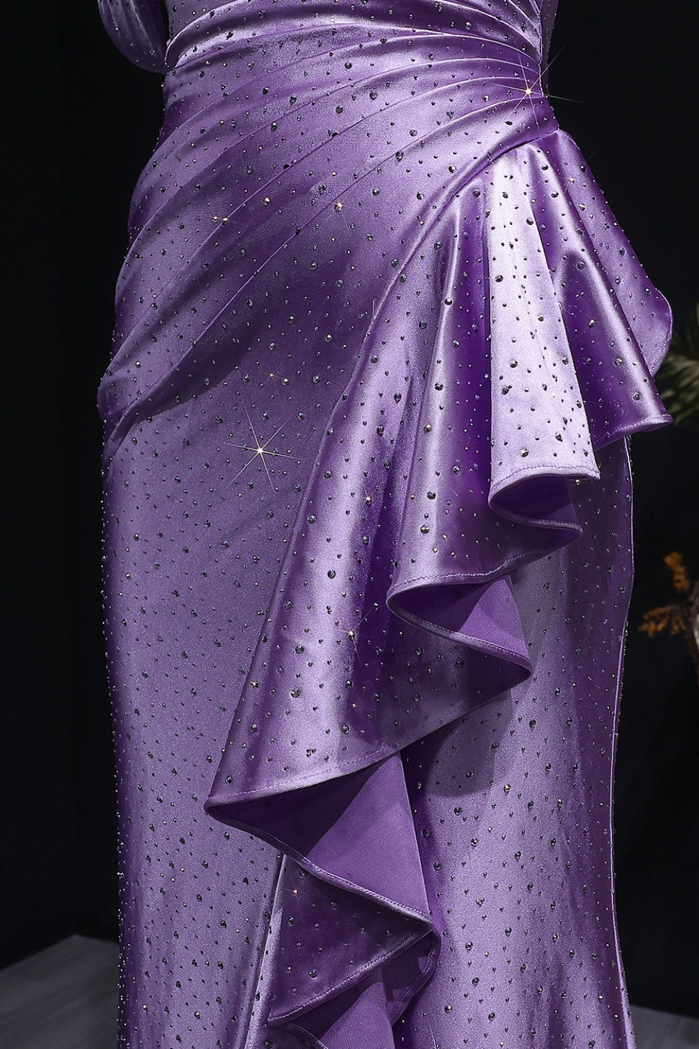 Lavender Metallic Satin Ruffled Mermaid Lilac Prom Dress SH142 Sheer Fairy