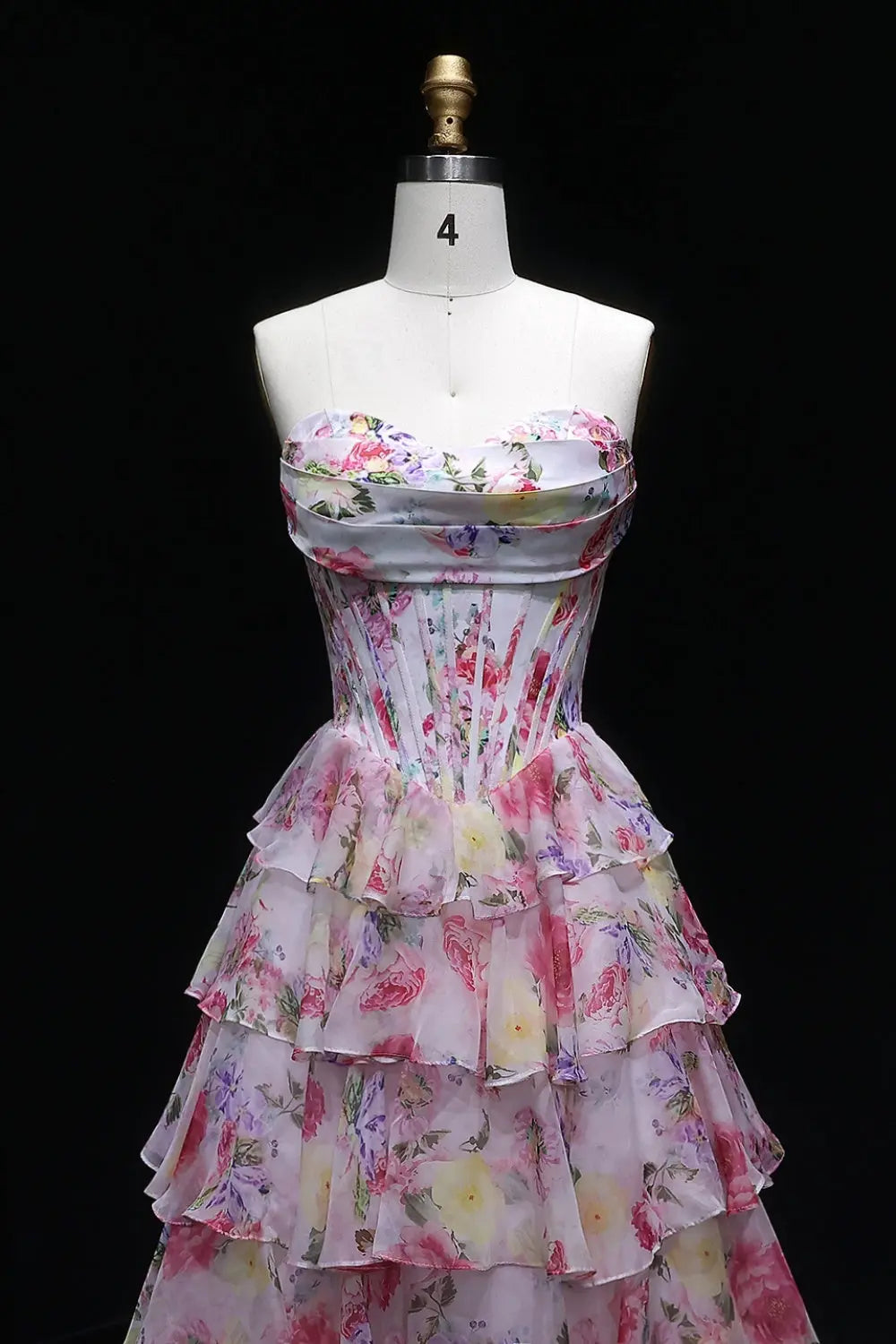 Pink Pastel Floral Strapless Tiered Chiffon A-Line Prom Dress SH105 Sheer Fairy