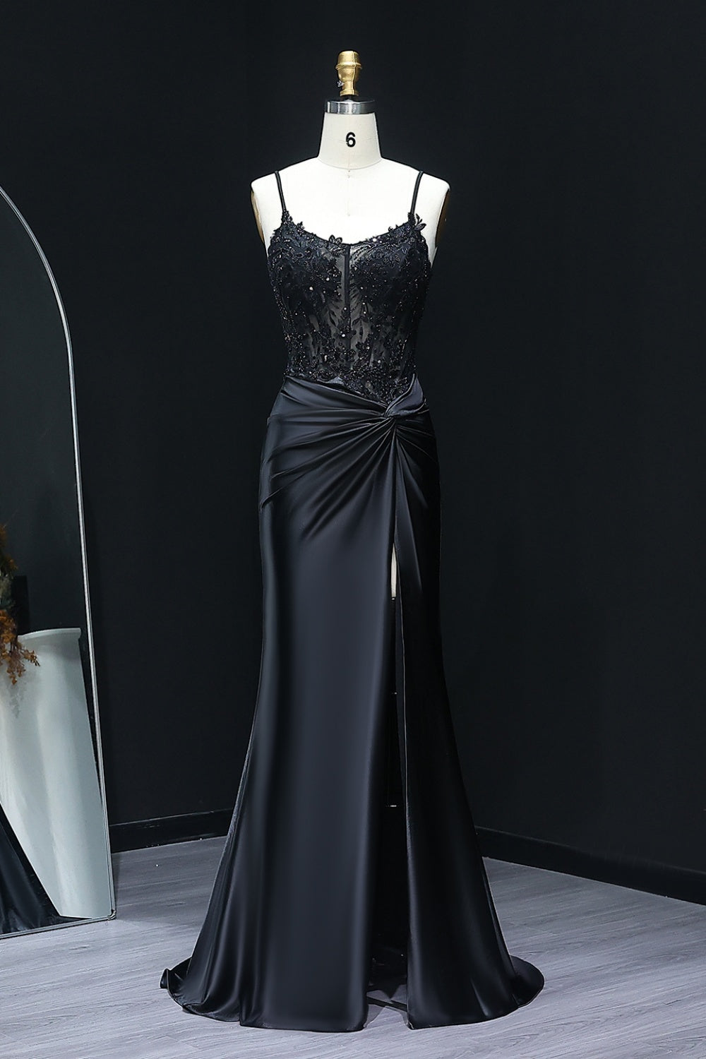 Royal Blue Satin Spaghetti Straps Sheath Prom Dress with Lace Bodice SH512 Sheer Fairy