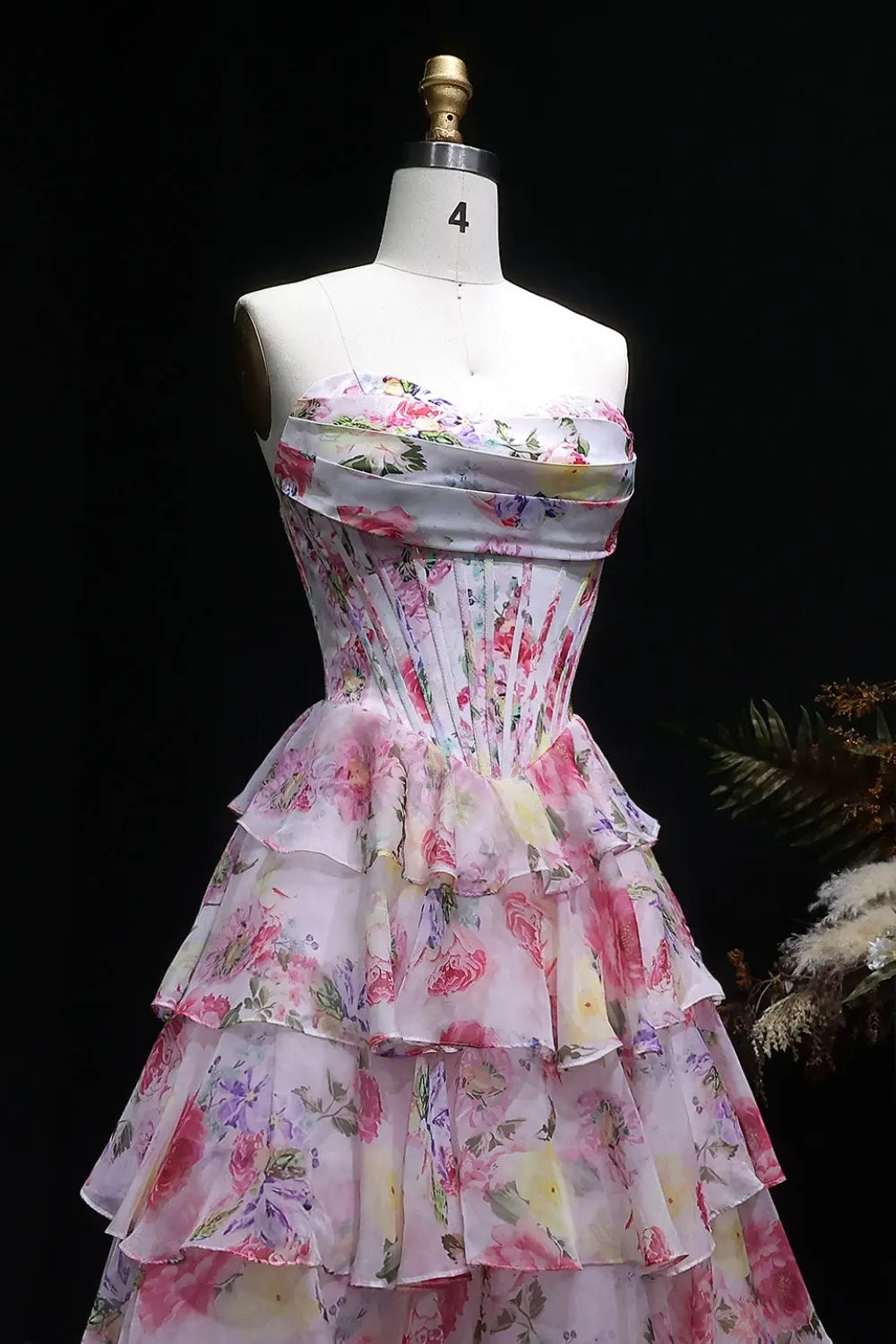 Pink Pastel Floral Strapless Tiered Chiffon A-Line Prom Dress SH105 Sheer Fairy