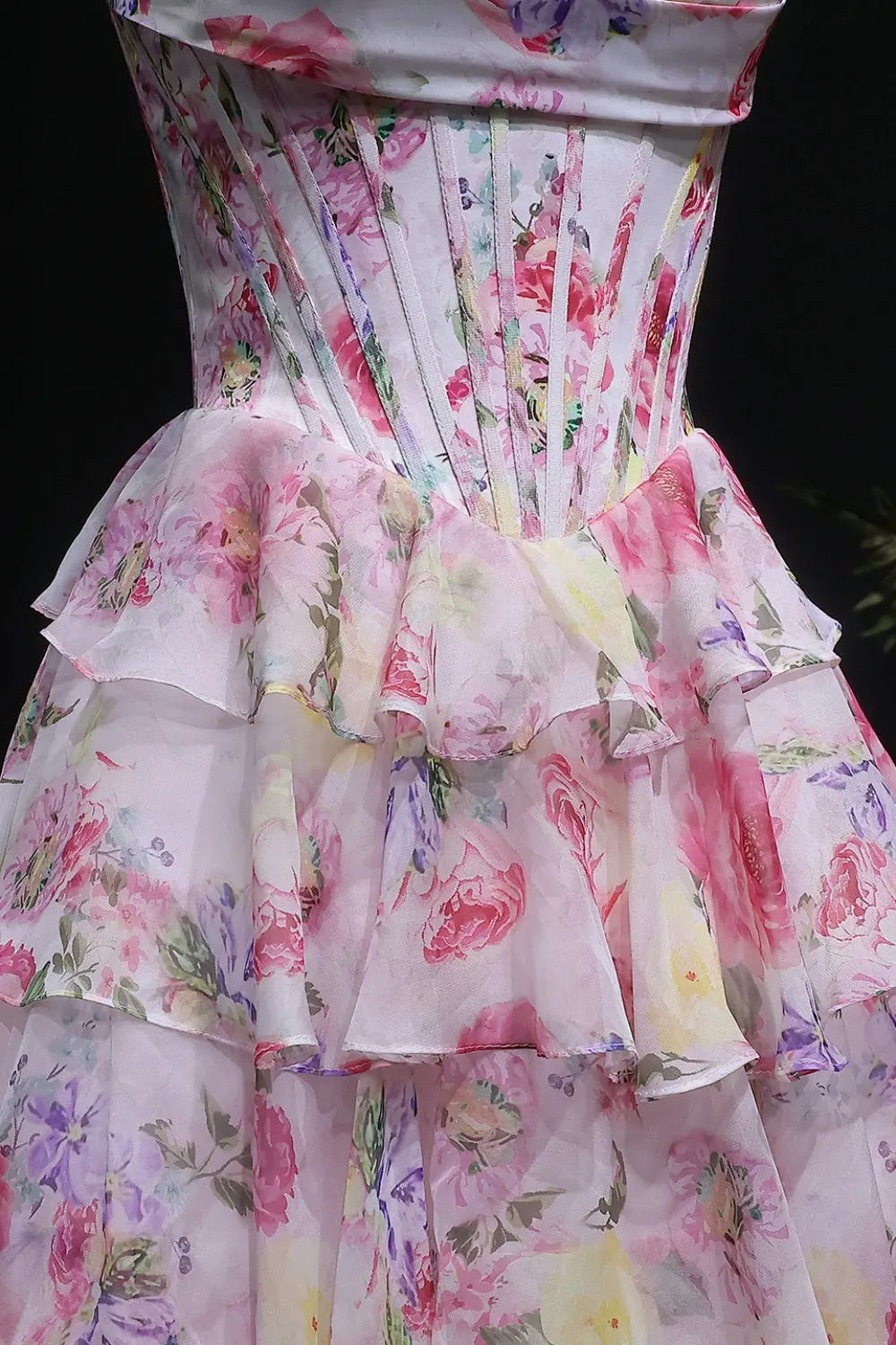 Pink Pastel Floral Strapless Tiered Chiffon A-Line Prom Dress SH105 Sheer Fairy