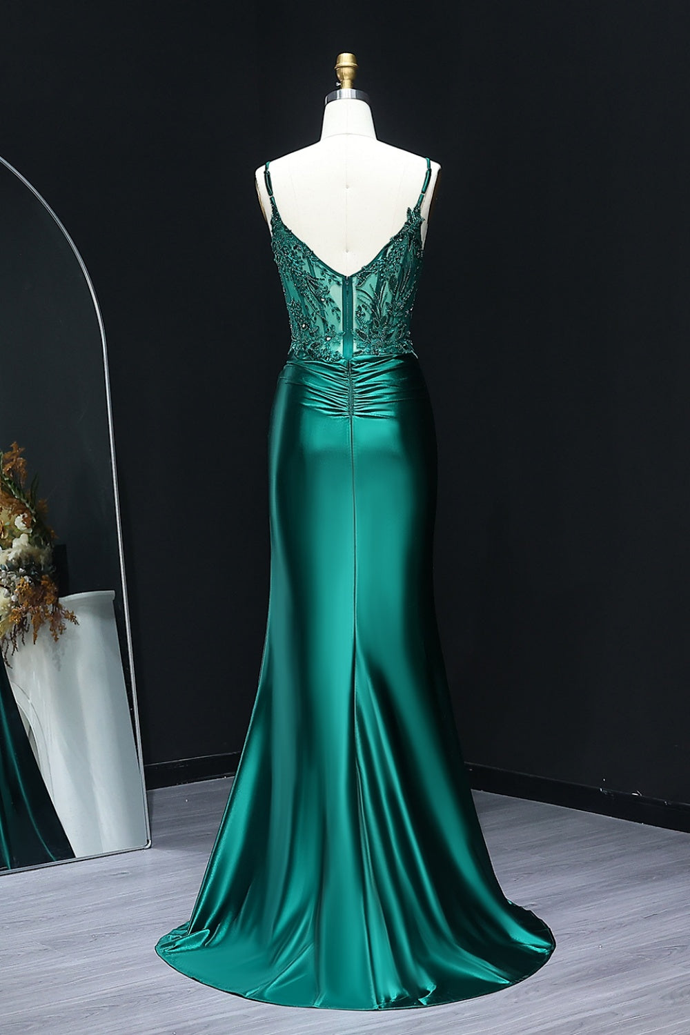 Royal Blue Satin Spaghetti Straps Sheath Prom Dress with Lace Bodice SH512 Sheer Fairy