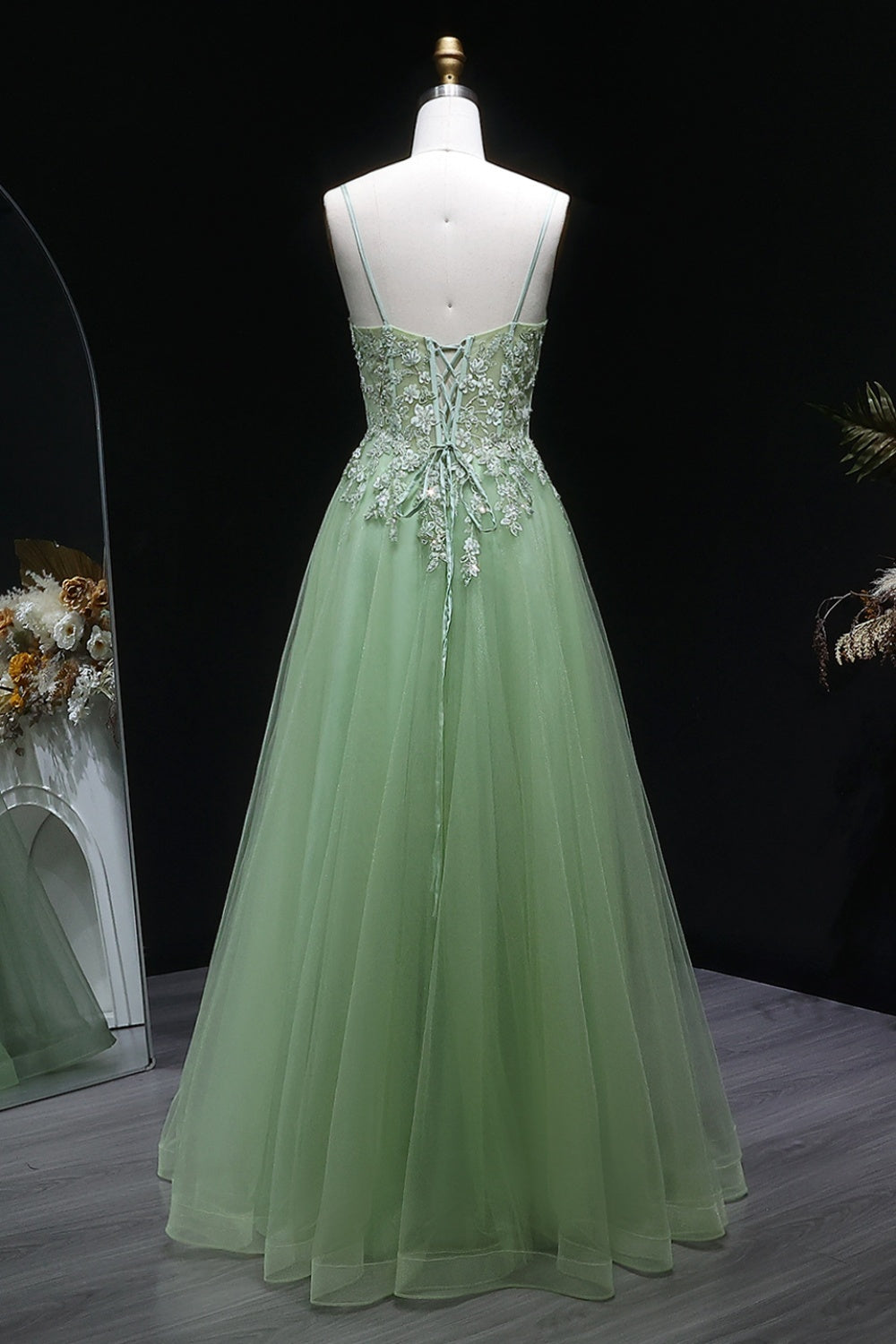 Fancy Sage Green V-Neck Tulle A-Line Prom Dress SH143 Sheer Fairy