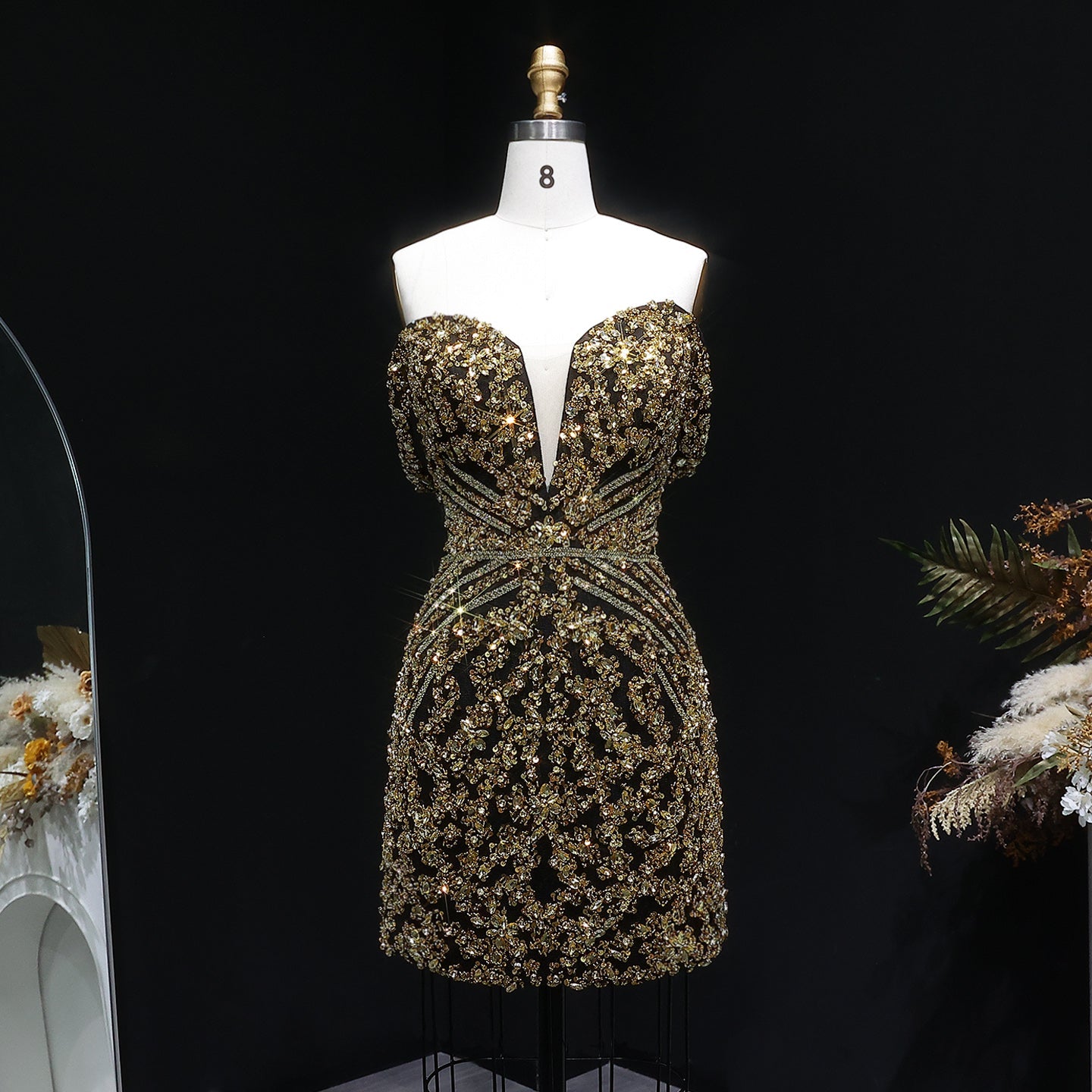 Off the Shoulder Gold Sequin Embellished Black Mini Party Homecoming Dress RM131 Sheer Fairy
