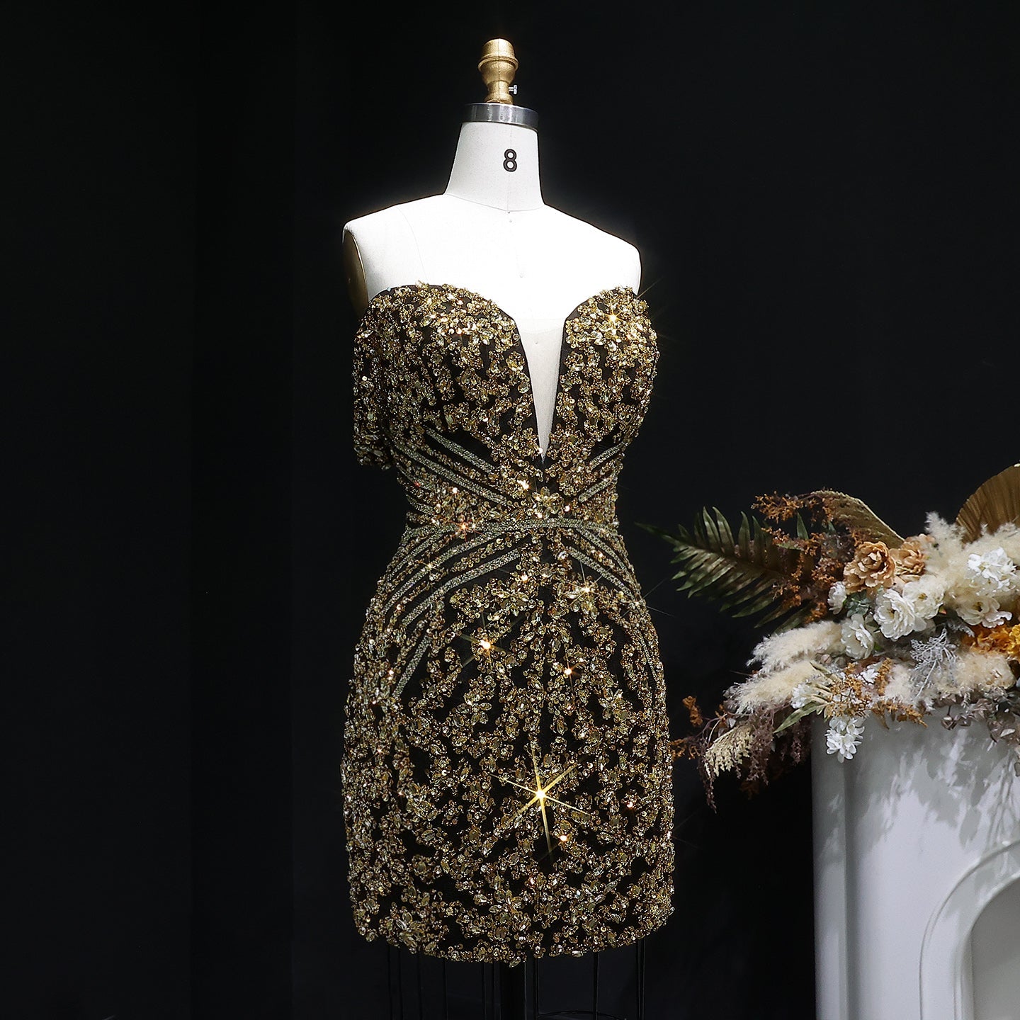 Off the Shoulder Gold Sequin Embellished Black Mini Party Homecoming Dress RM131 Sheer Fairy