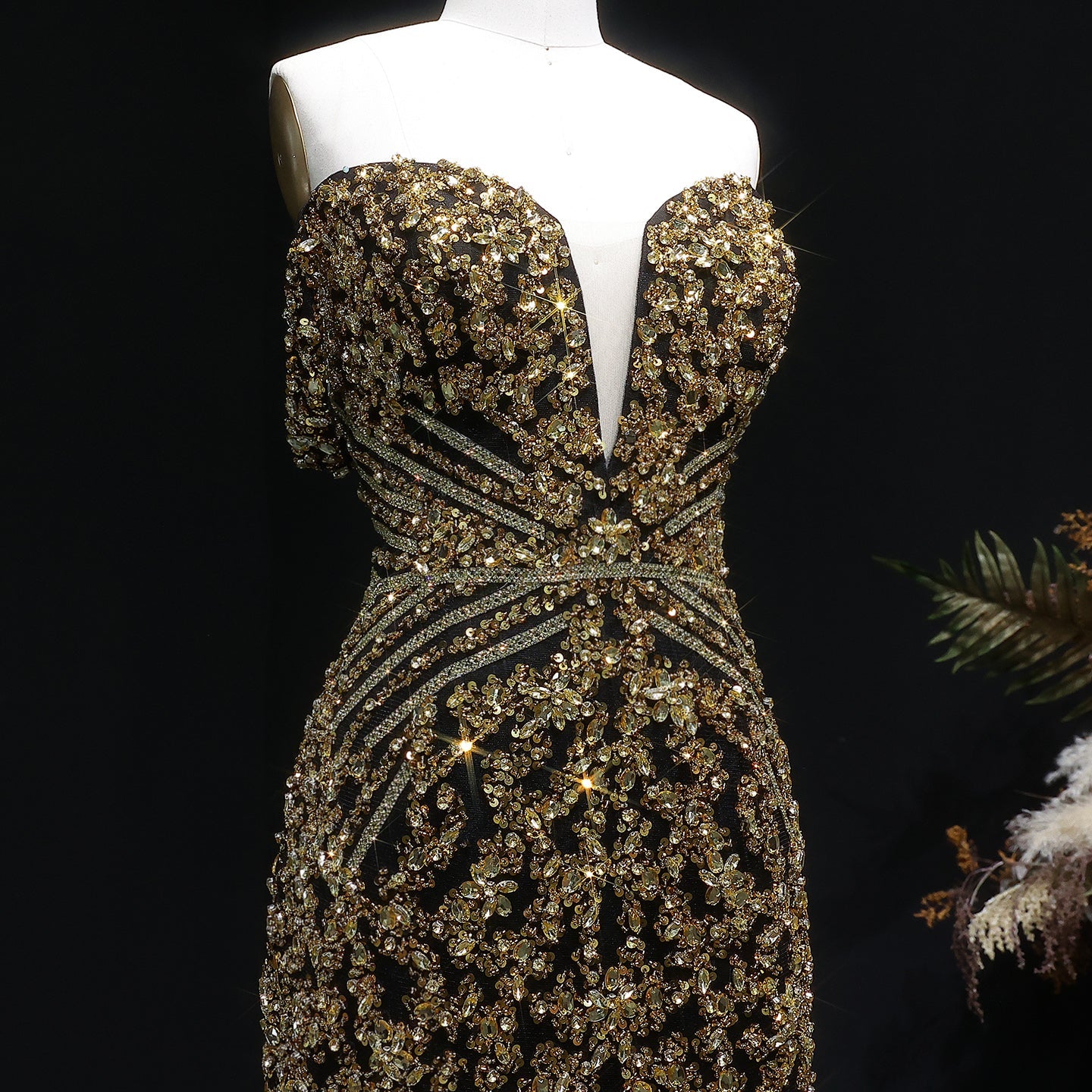 Off the Shoulder Gold Sequin Embellished Black Mini Party Homecoming Dress RM131 Sheer Fairy