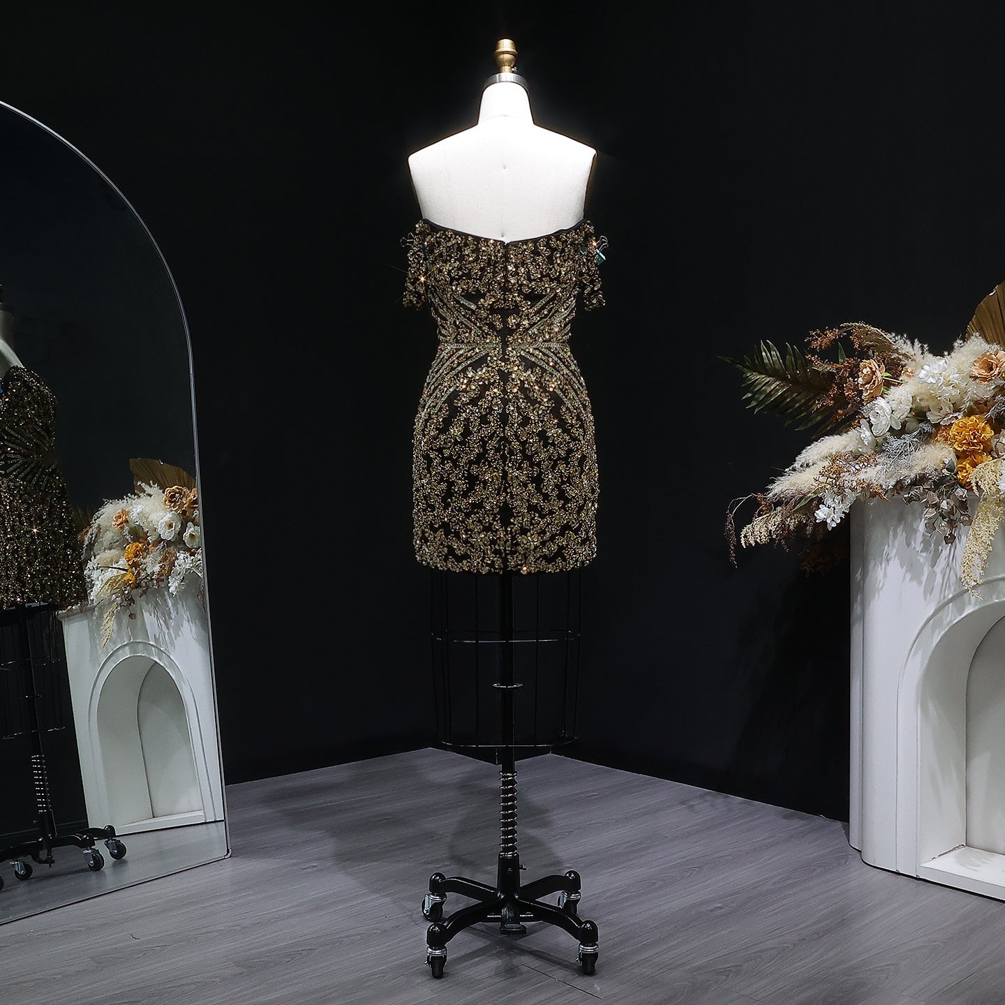 Off the Shoulder Gold Sequin Embellished Black Mini Party Homecoming Dress RM131 Sheer Fairy