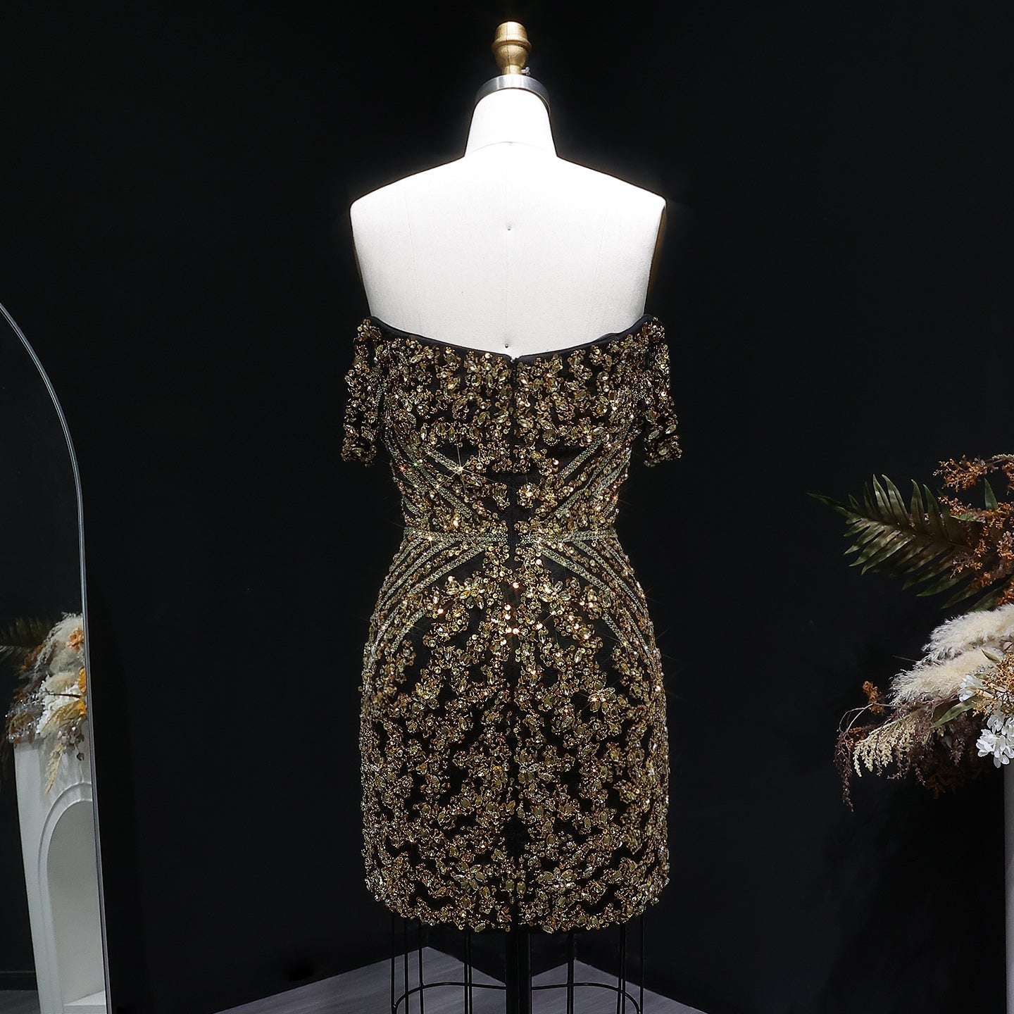 Off the Shoulder Gold Sequin Embellished Black Mini Party Homecoming Dress RM131 Sheer Fairy