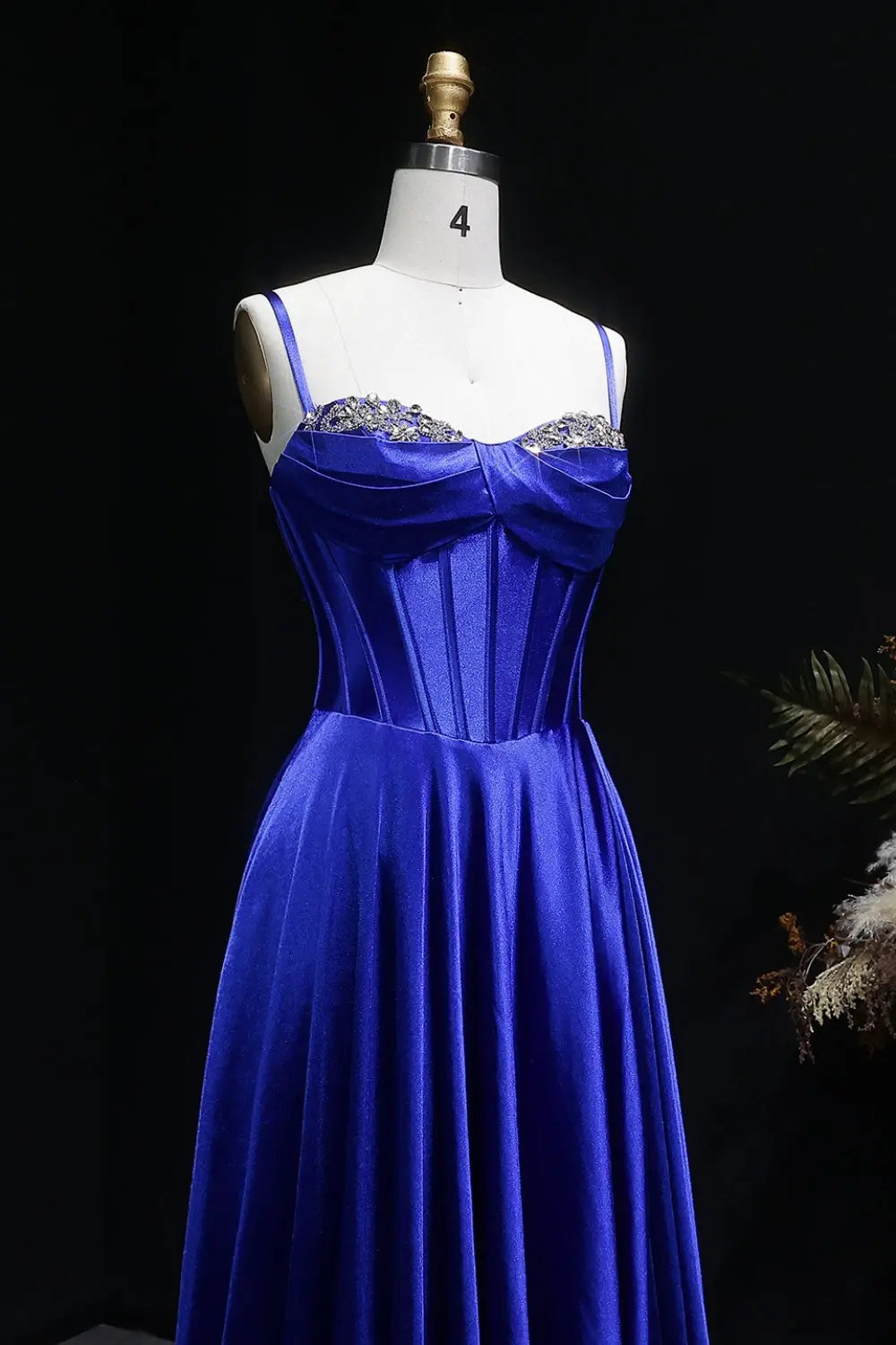 Royal Blue Satin Spaghetti Strap A-Line Prom Dress with Beaded Neckline SH145 Sheer Fairy