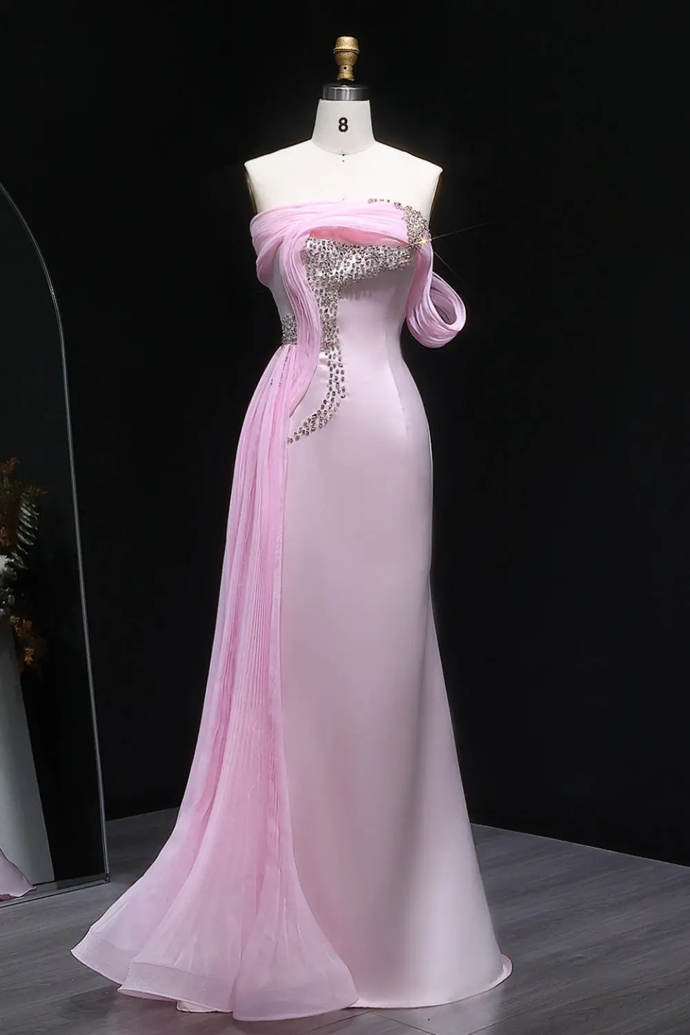 Asymmetrical Off-the-Shoulder Pink Mermaid Evening Dress SF501 Sheer Fairy