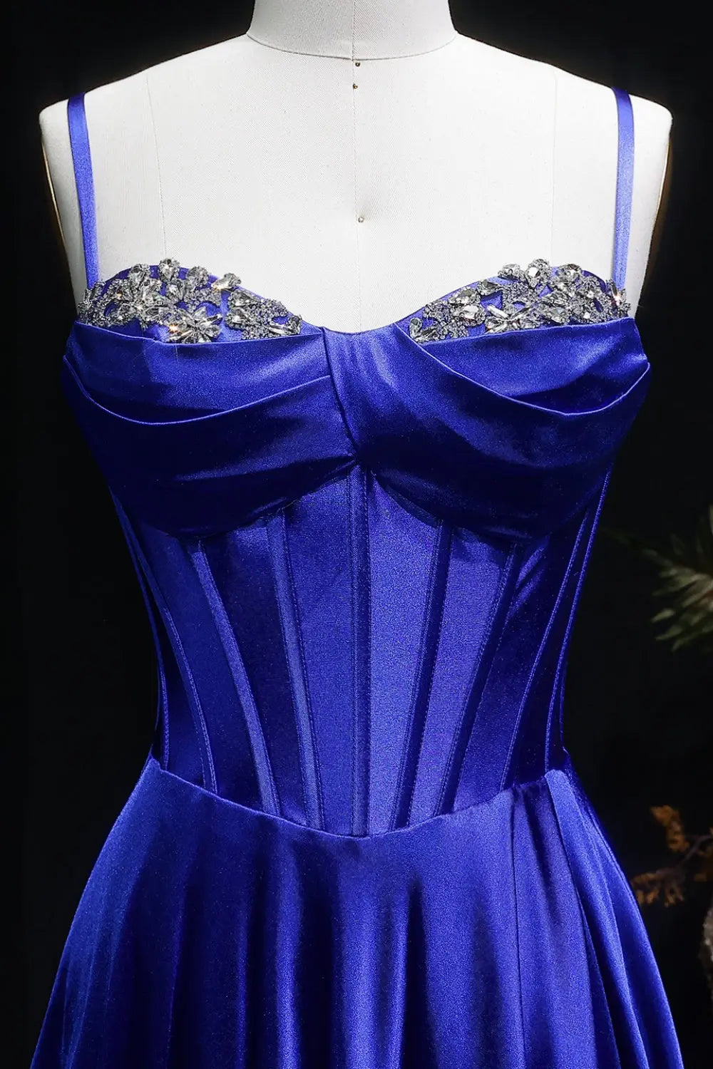 Royal Blue Satin Spaghetti Strap A-Line Prom Dress with Beaded Neckline SH145 Sheer Fairy
