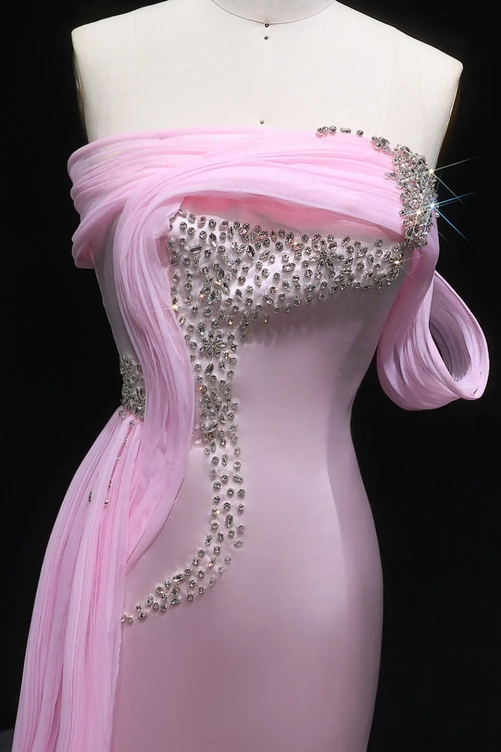 Asymmetrical Off-the-Shoulder Pink Mermaid Evening Dress SF501 Sheer Fairy