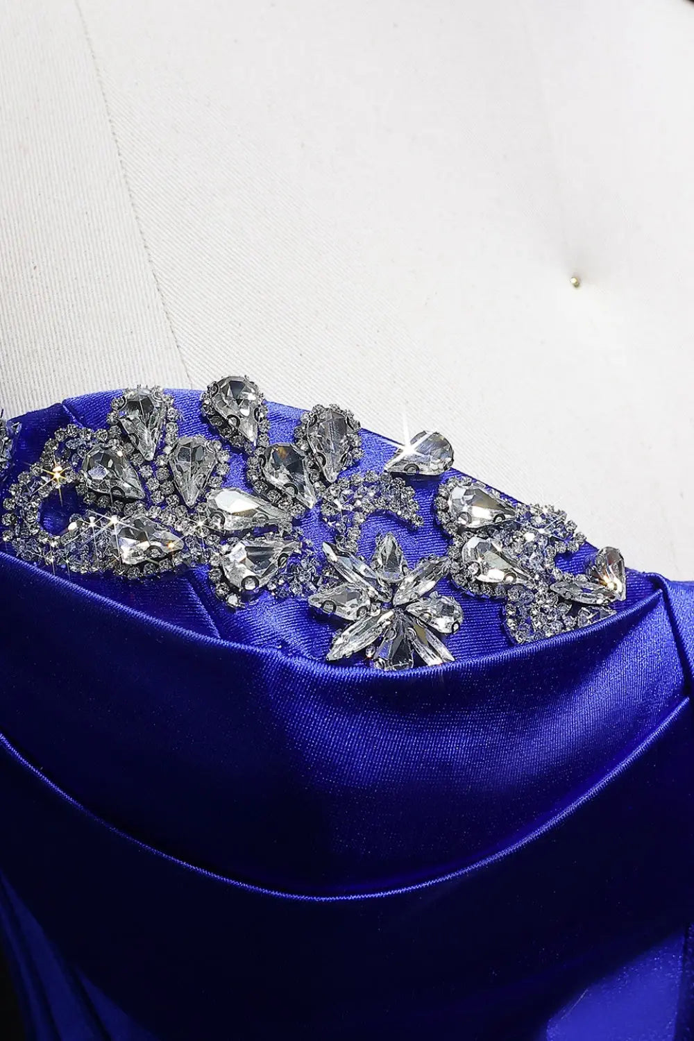 Royal Blue Satin Spaghetti Strap A-Line Prom Dress with Beaded Neckline SH145 Sheer Fairy