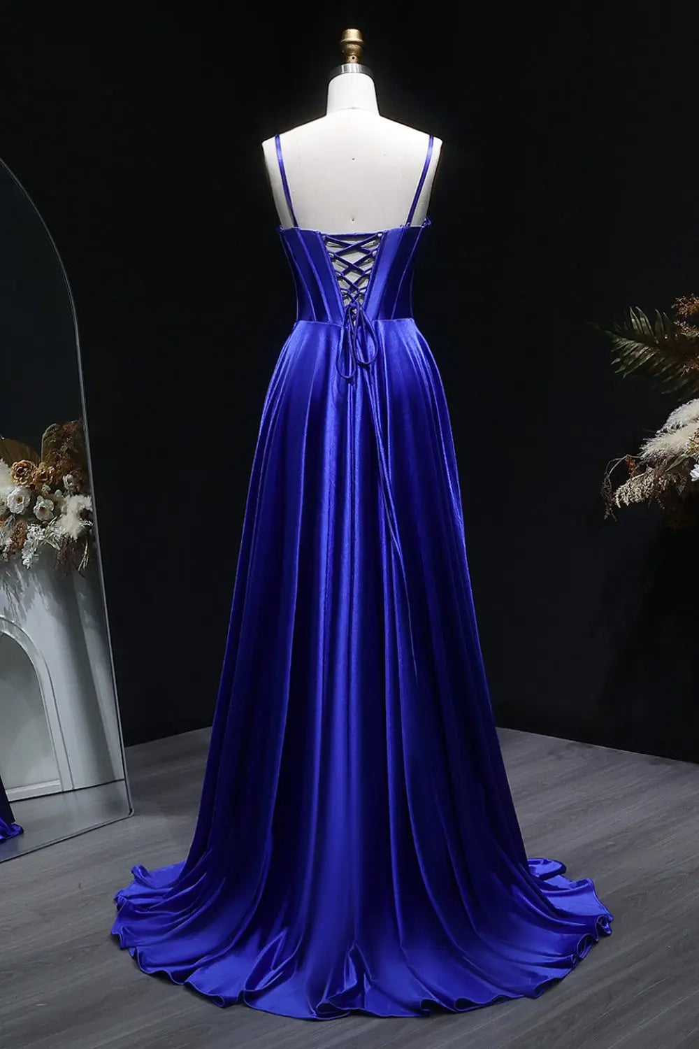 Royal Blue Satin Spaghetti Strap A-Line Prom Dress with Beaded Neckline SH145 Sheer Fairy