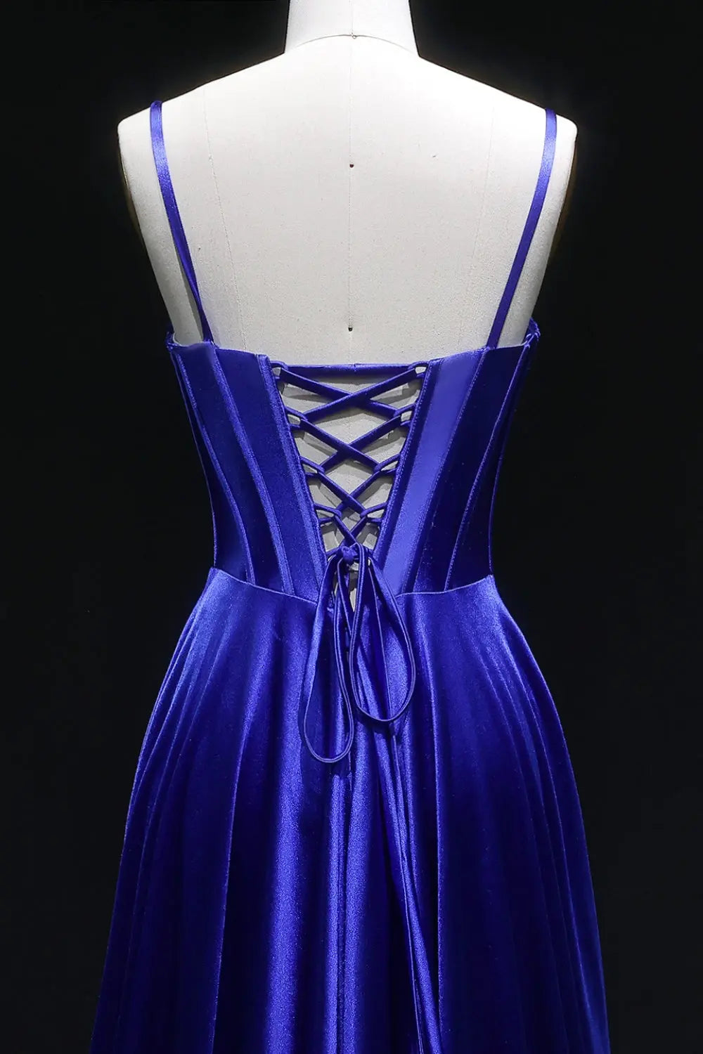 Royal Blue Satin Spaghetti Strap A-Line Prom Dress with Beaded Neckline SH145 Sheer Fairy