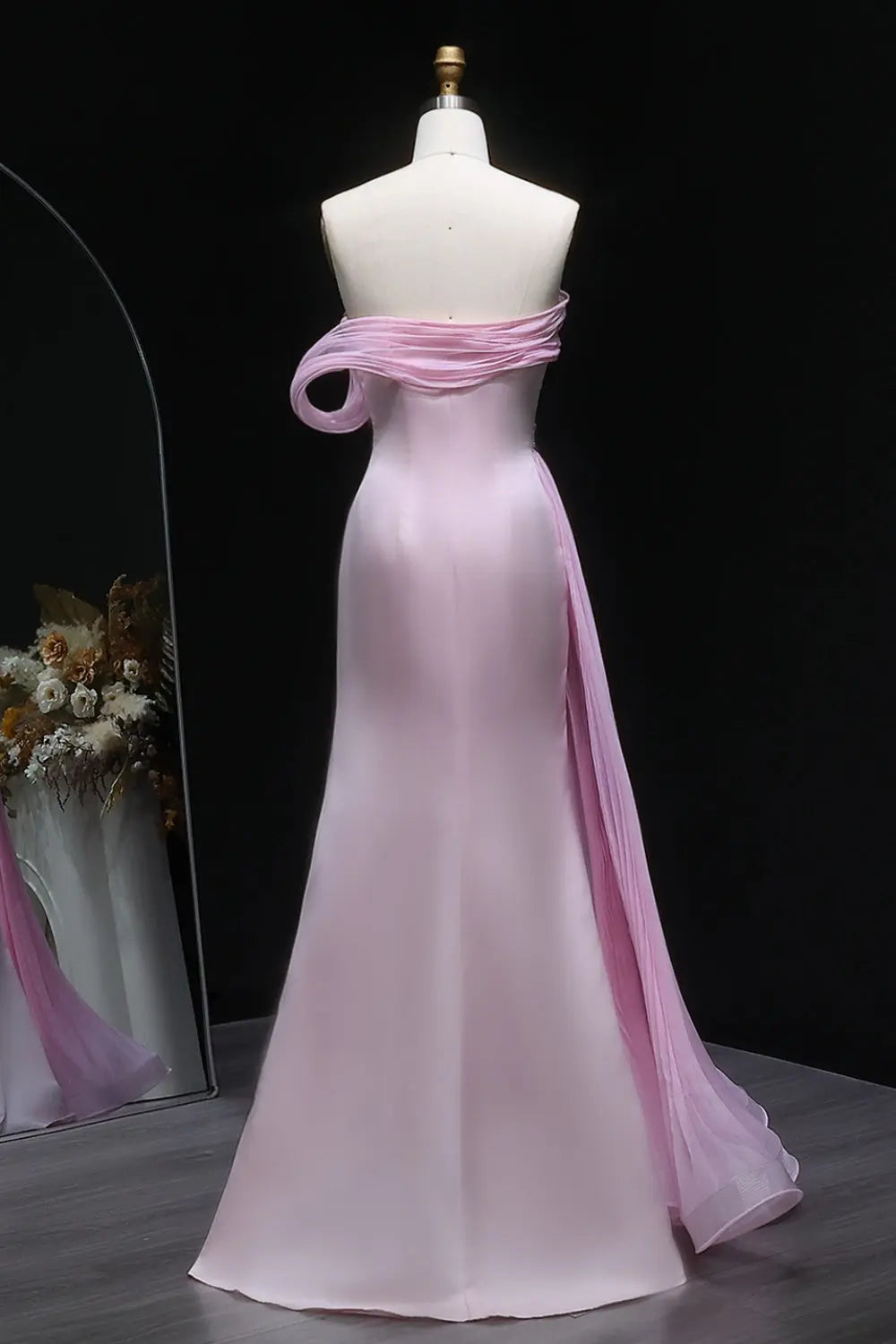 Asymmetrical Off-the-Shoulder Pink Mermaid Evening Dress SF501 Sheer Fairy