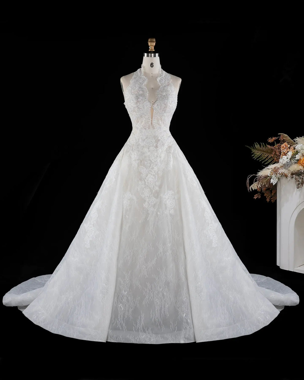 Luxury White Lace Halter Ball Gown Wedding Dress SW596 Sheer Fairy