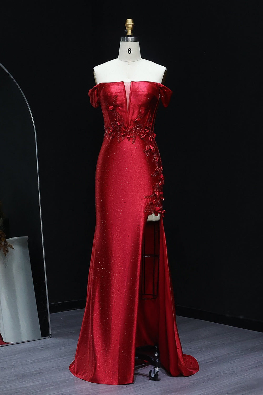 Teal Satin Off-the-Shoulder Mermaid Prom Dress with 3D Floral SH511 Sheer Fairy