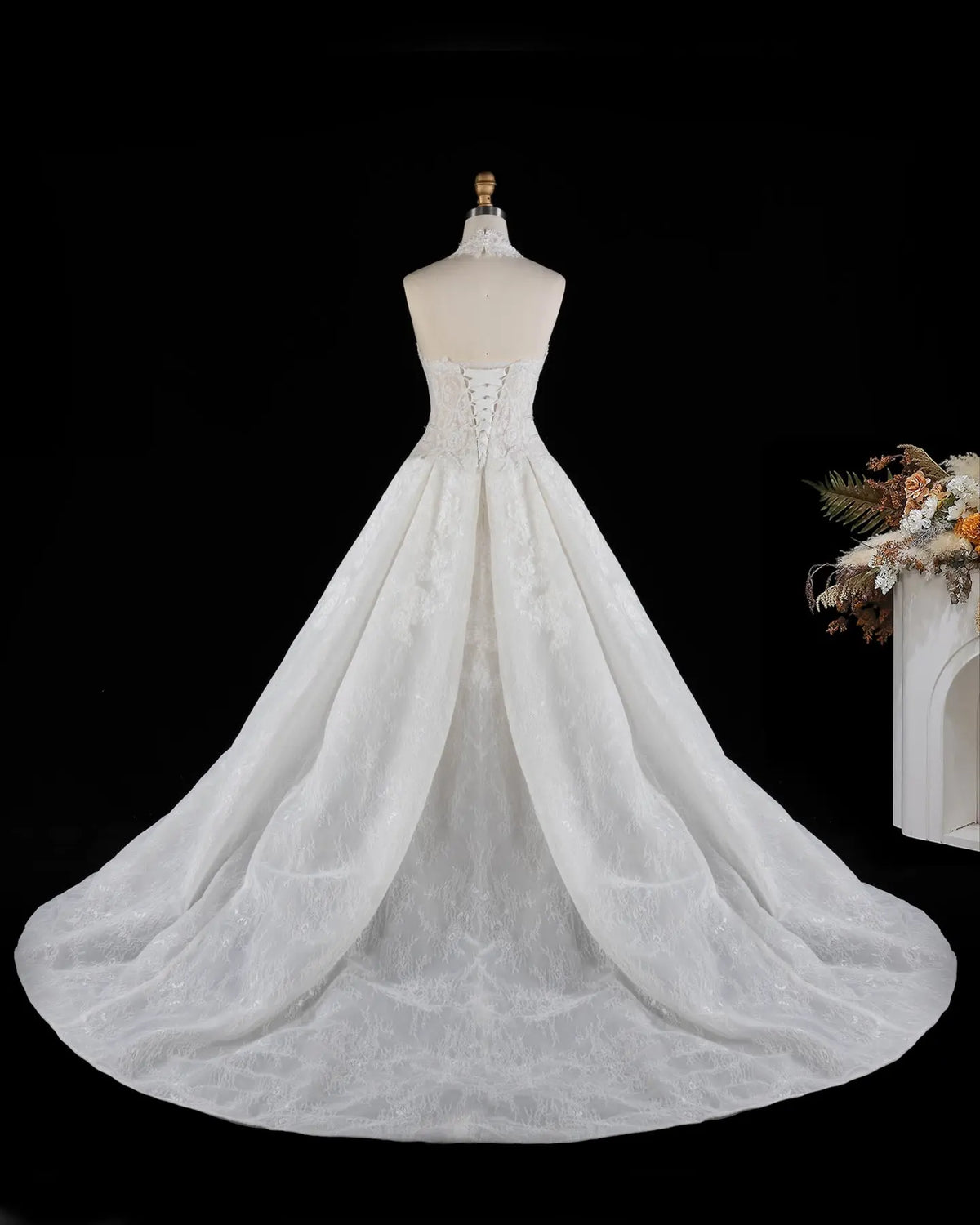 Luxury White Lace Halter Ball Gown Wedding Dress SW596 Sheer Fairy