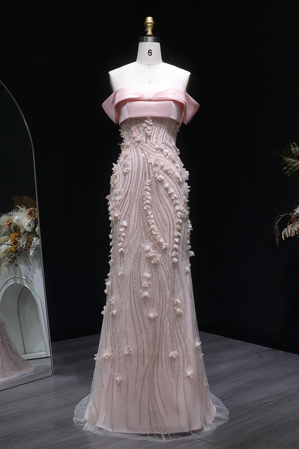 Blush Pink 3D Floral Mermaid Off-the-Shoulder Prom Dress SH148 Sheer Fairy