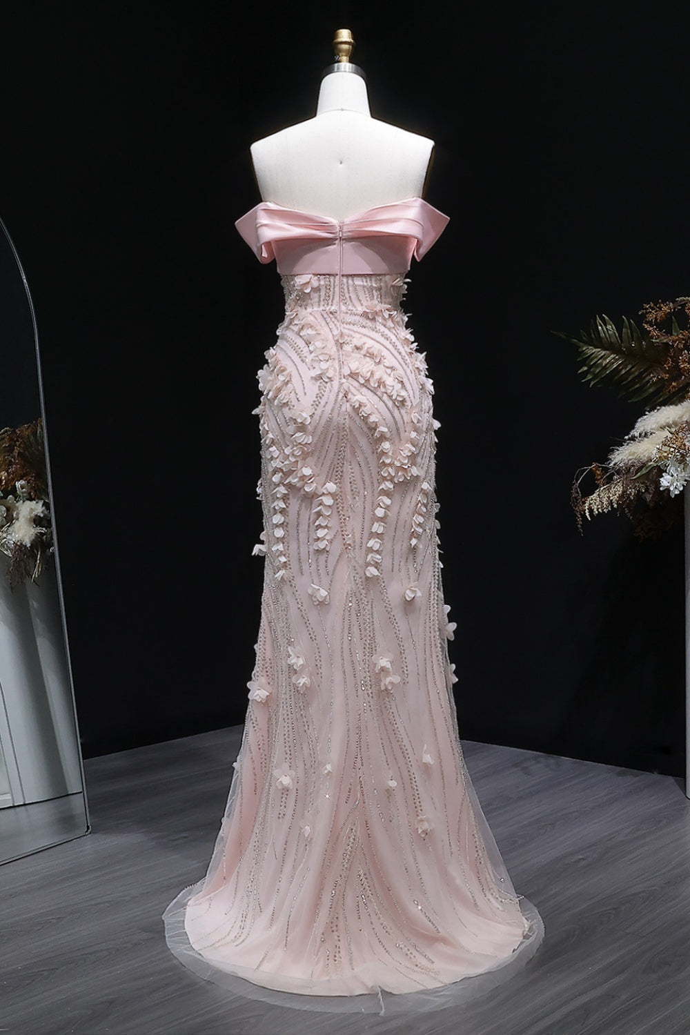 Blush Pink 3D Floral Mermaid Off-the-Shoulder Prom Dress SH148 Sheer Fairy