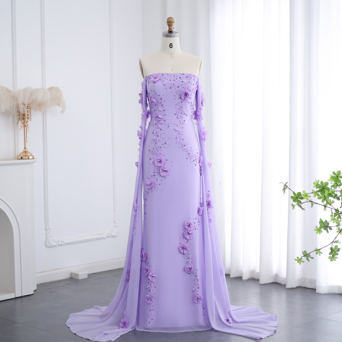 Luxury Lilac Off-the-Shoulder Mermaid Evening Dress with 3D Floral Applique SS450 Sheer Fairy