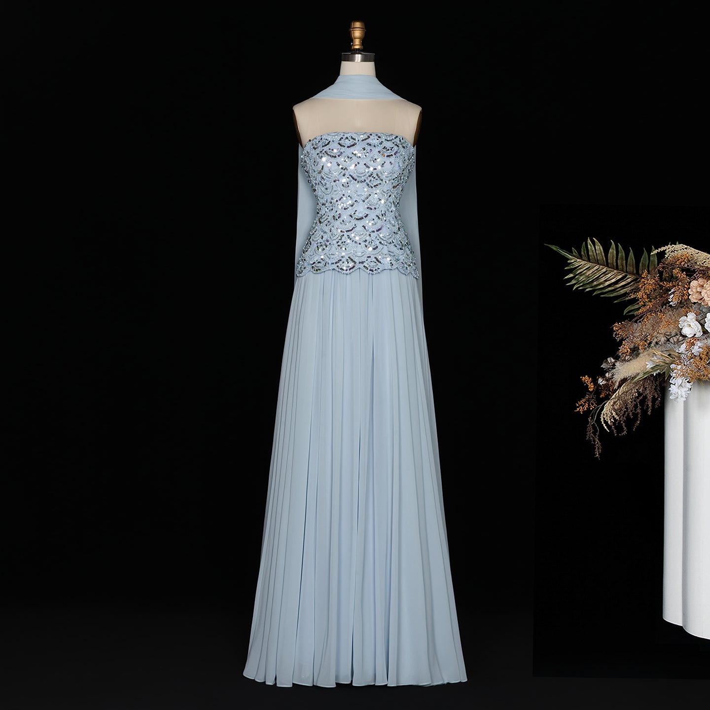 Sky Blue Sequin Bodice Strapless Pleated Long Evening Dress SS651 Sheer Fairy