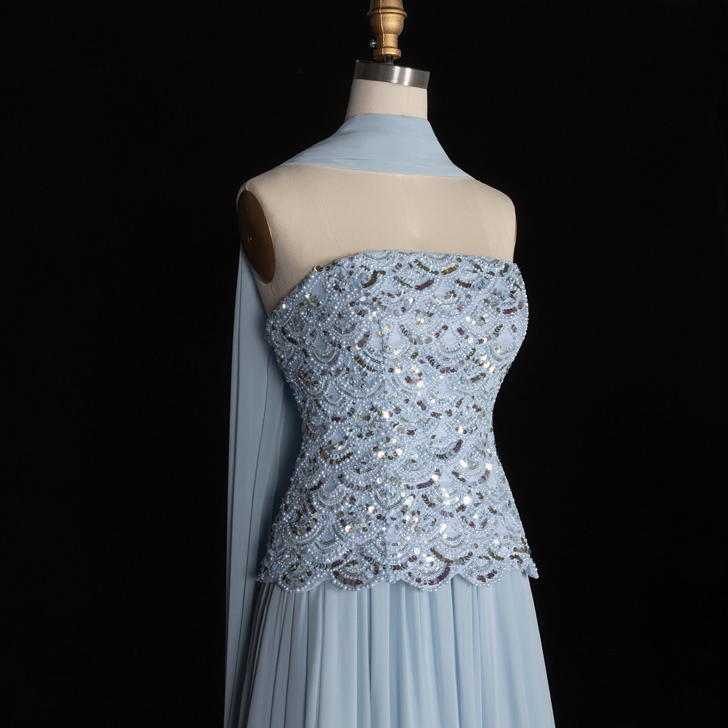 Sky Blue Sequin Bodice Strapless Pleated Long Evening Dress SS651 Sheer Fairy