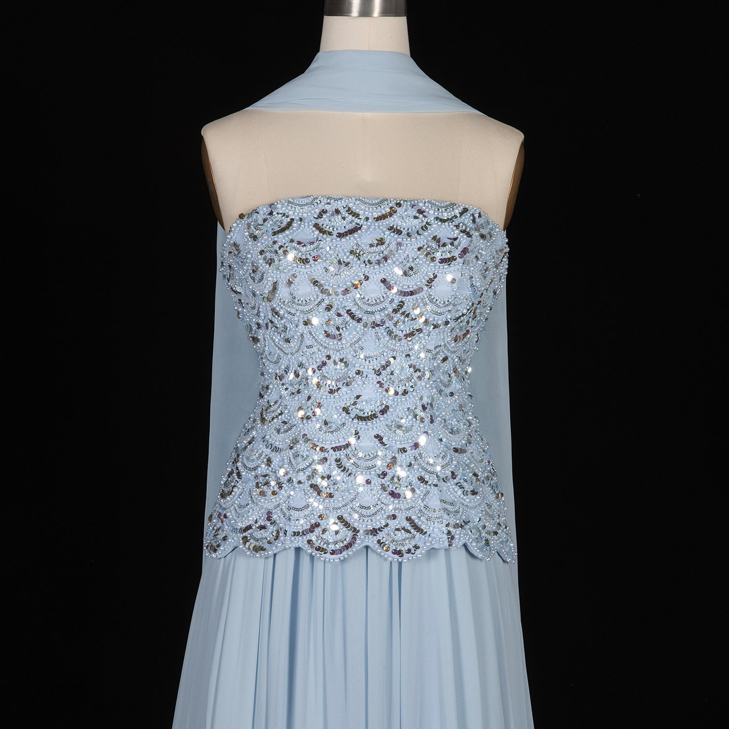 Sky Blue Sequin Bodice Strapless Pleated Long Evening Dress SS651 Sheer Fairy