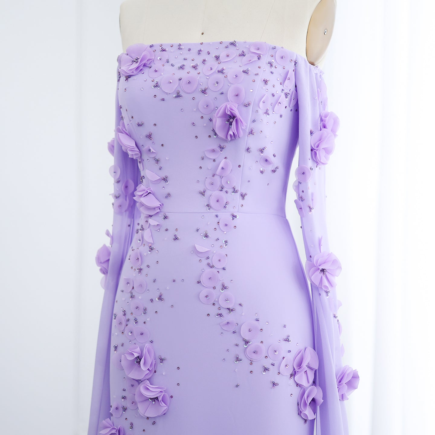 Luxury Lilac Off-the-Shoulder Mermaid Evening Dress with 3D Floral Applique SS450 Sheer Fairy