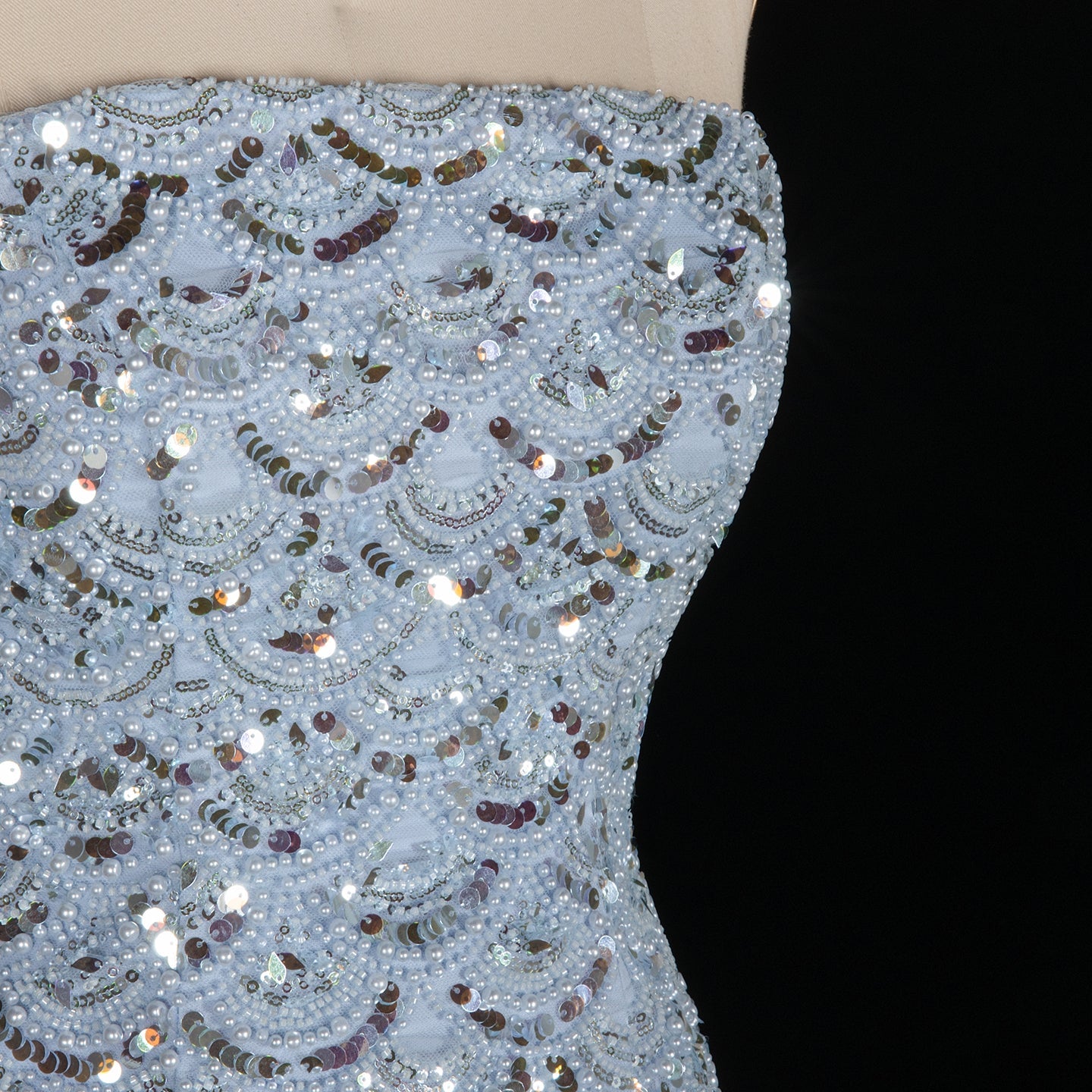 Sky Blue Sequin Bodice Strapless Pleated Long Evening Dress SS651 Sheer Fairy