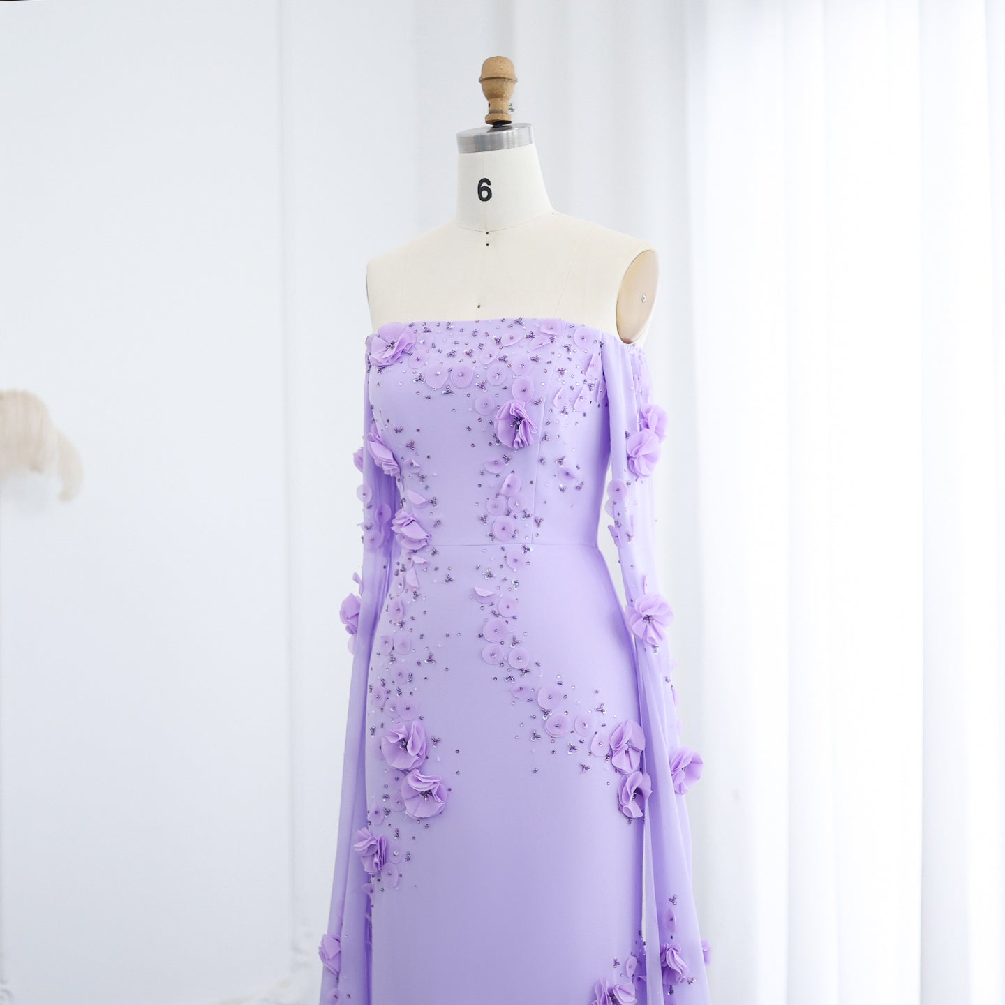 Luxury Lilac Off-the-Shoulder Mermaid Evening Dress with 3D Floral Applique SS450 Sheer Fairy