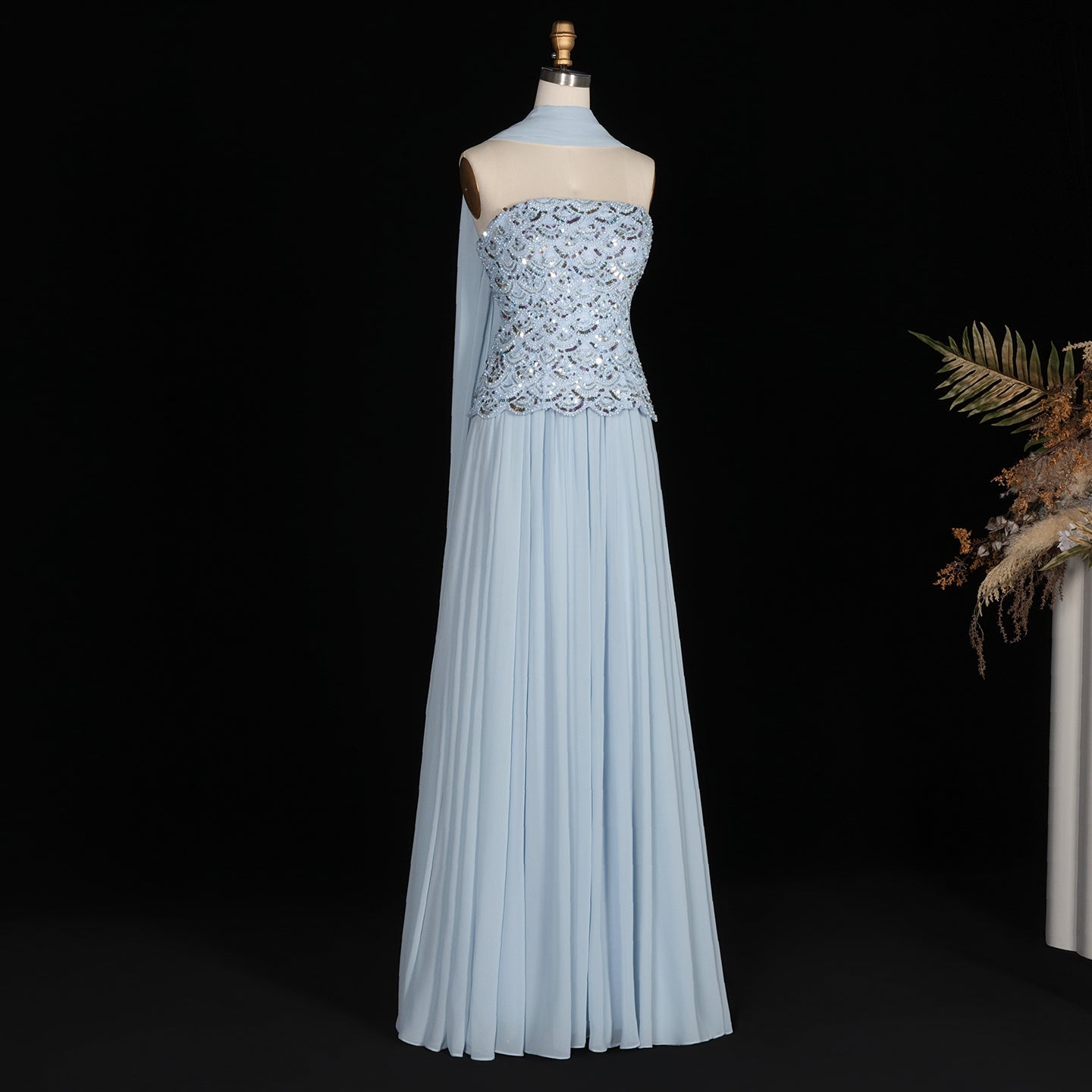 Sky Blue Sequin Bodice Strapless Pleated Long Evening Dress SS651 Sheer Fairy