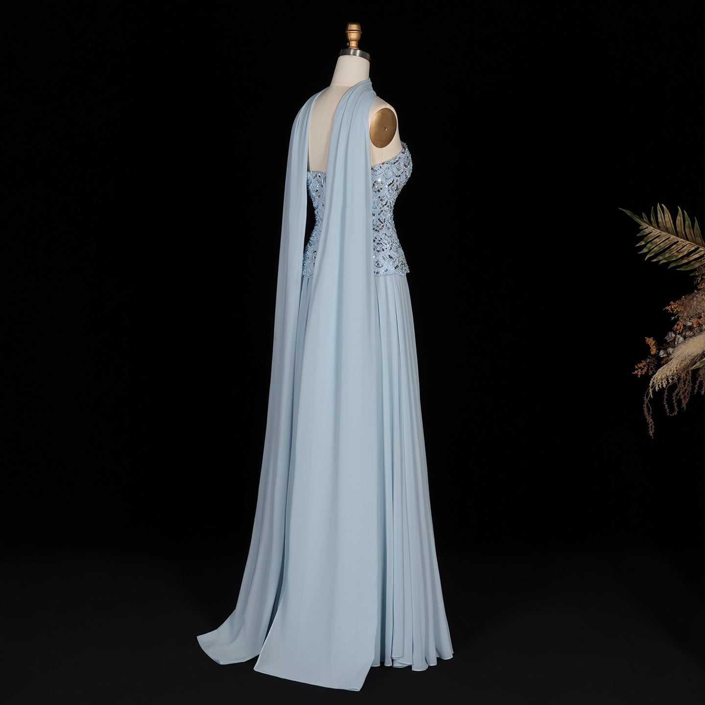 Sky Blue Sequin Bodice Strapless Pleated Long Evening Dress SS651 Sheer Fairy