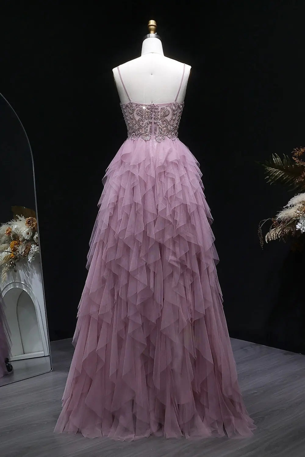 Pink Beaded Plunging V-Neck Tiered Tulle A-Line Prom Dress SH102 Sheer Fairy