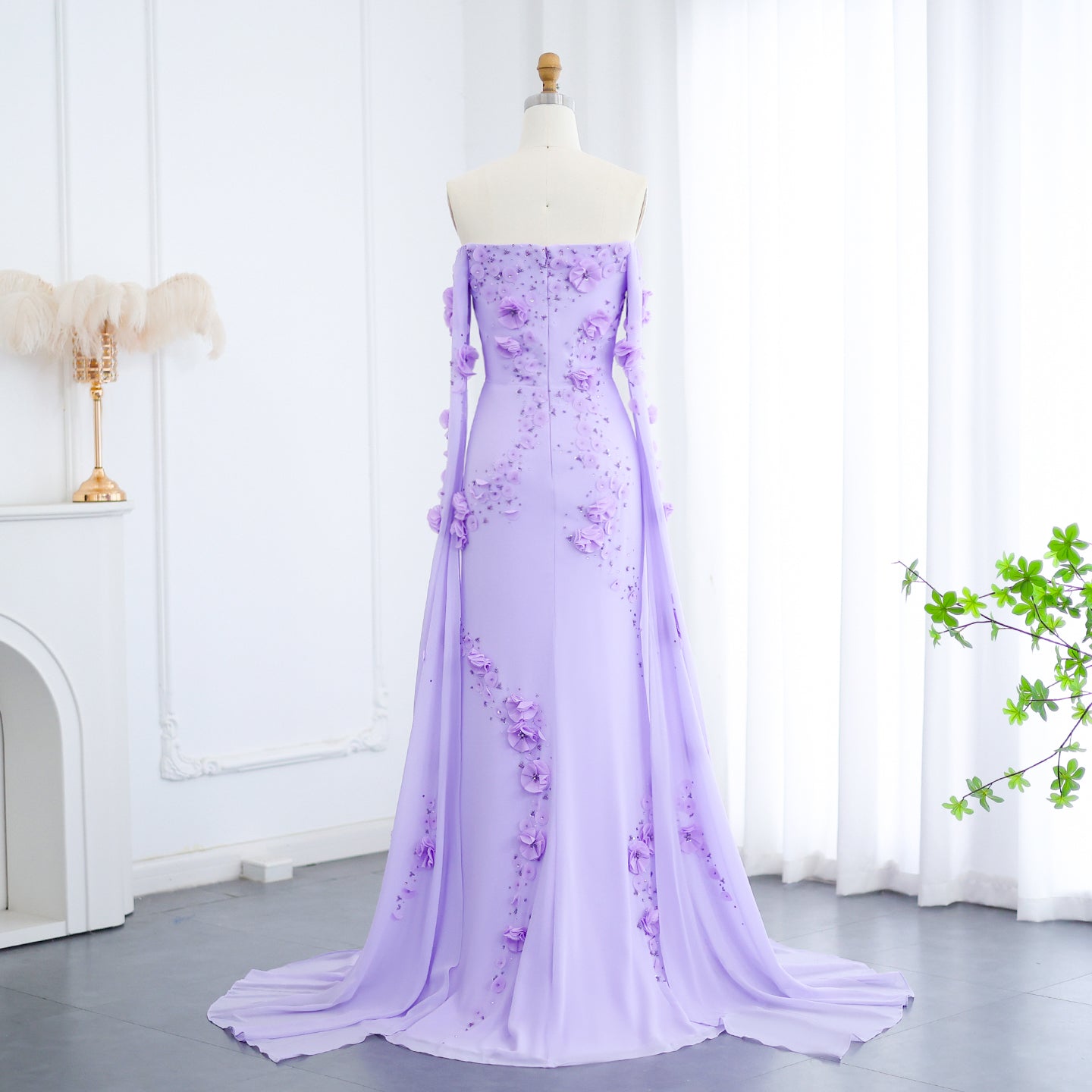 Luxury Lilac Off-the-Shoulder Mermaid Evening Dress with 3D Floral Applique SS450 Sheer Fairy