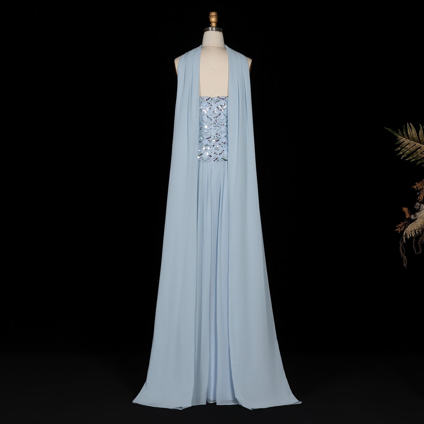Sky Blue Sequin Bodice Strapless Pleated Long Evening Dress SS651 Sheer Fairy