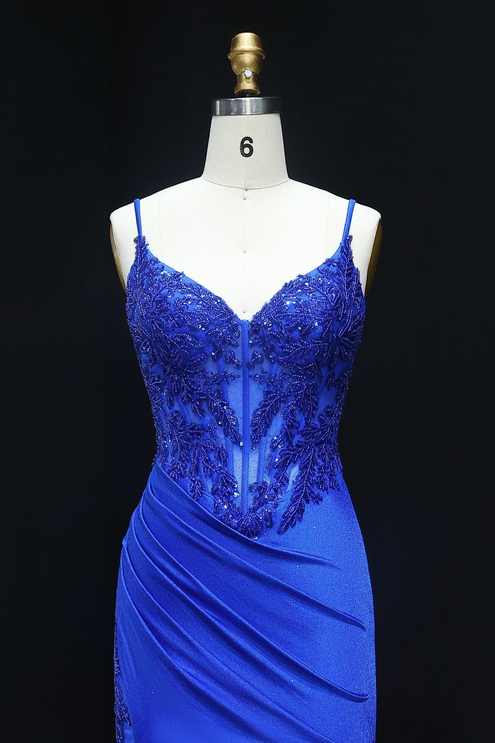 Navy Blue Satin Spaghetti Straps Sheath Prom Dress with Lace Bodice SH514 Sheer Fairy