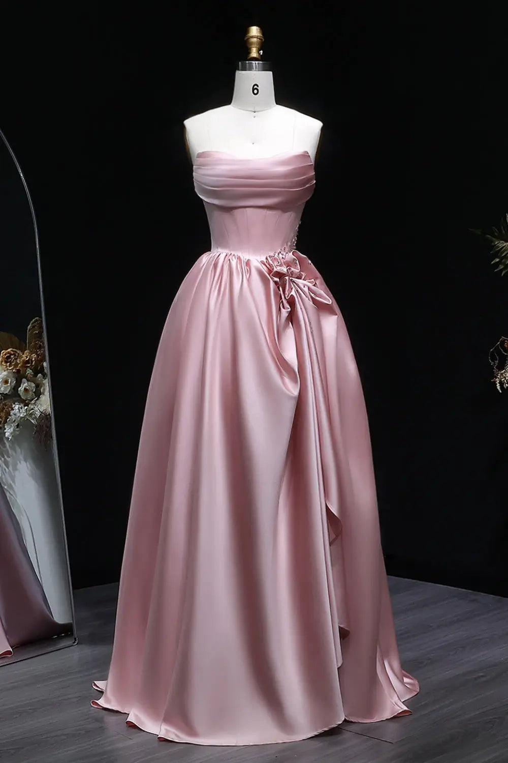 Blush Pink Satin Strapless Ballgown Prom Dress with Fabric Flower SH552 Sheer Fairy