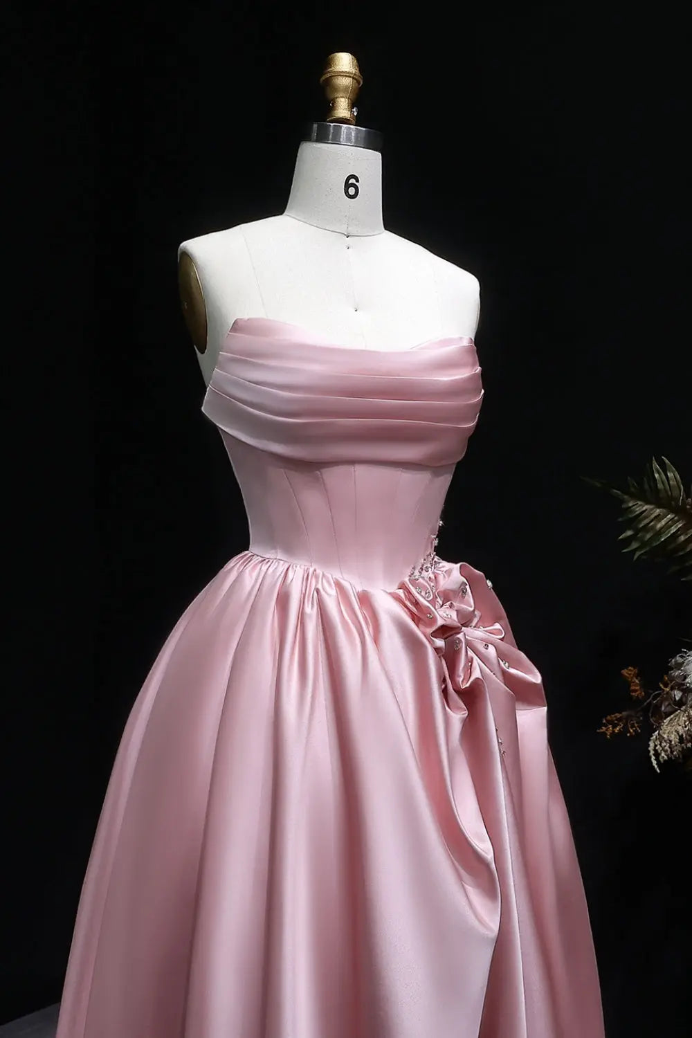 Blush Pink Satin Strapless Ballgown Prom Dress with Fabric Flower SH552 Sheer Fairy