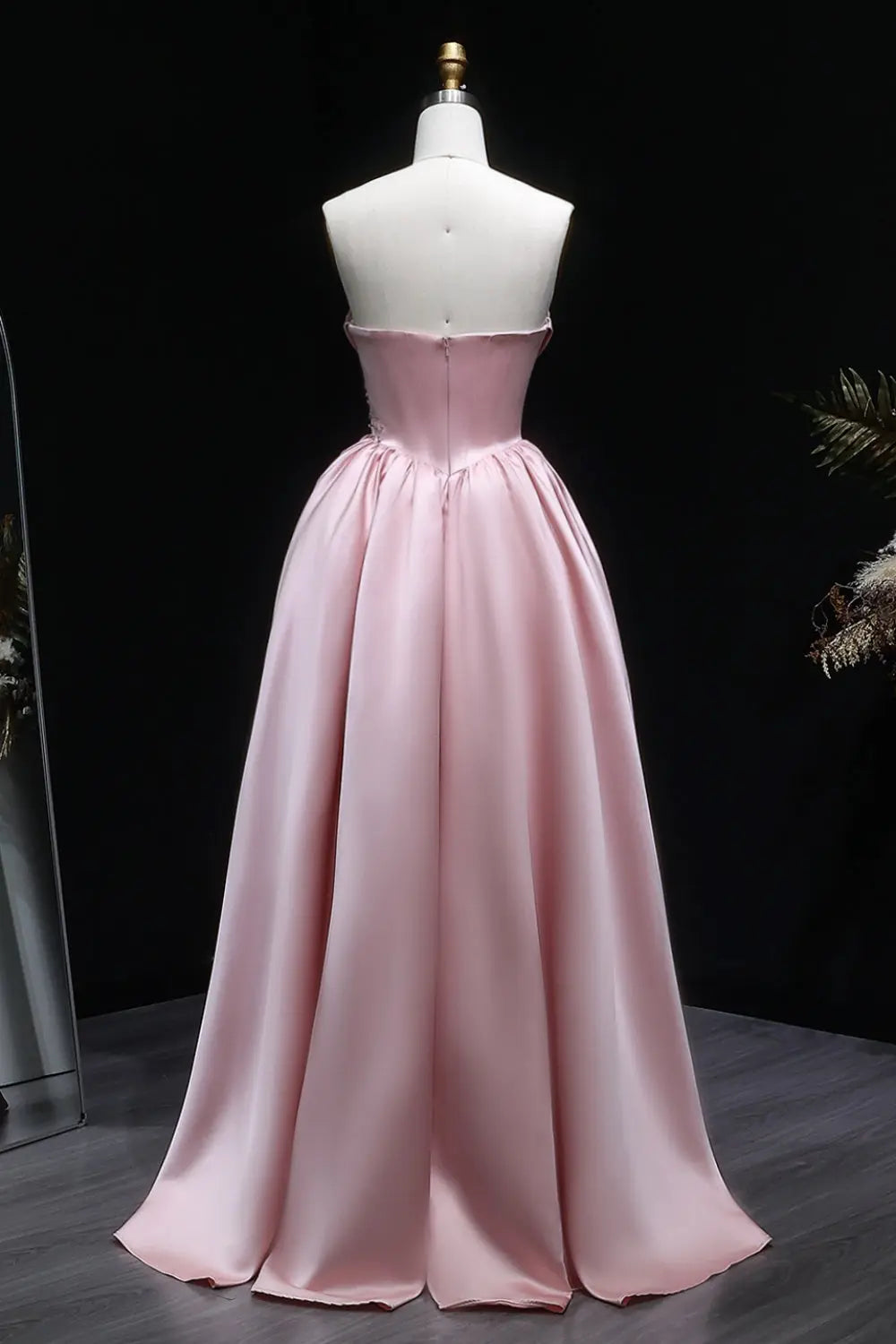 Blush Pink Satin Strapless Ballgown Prom Dress with Fabric Flower SH552 Sheer Fairy