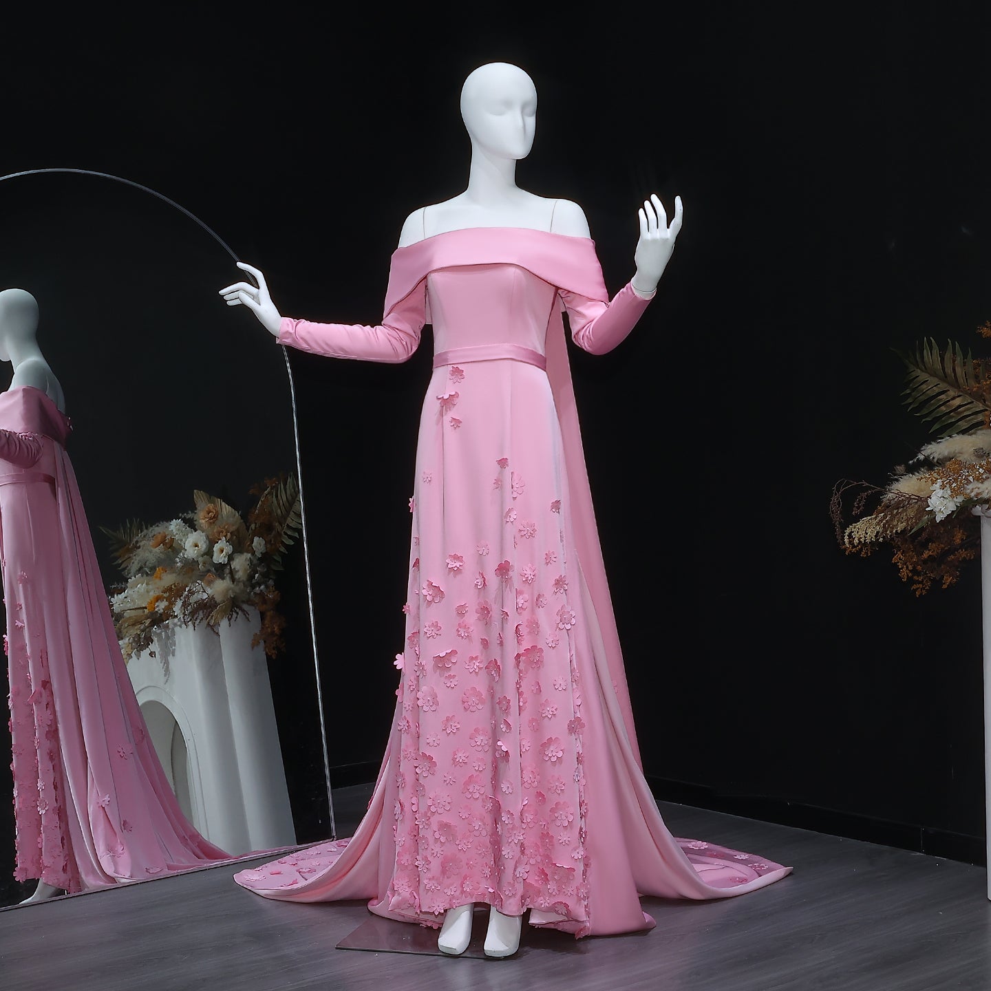 Pink Off-Shoulder 3D Floral A-Line Long Sleeves Evening Dress SF220