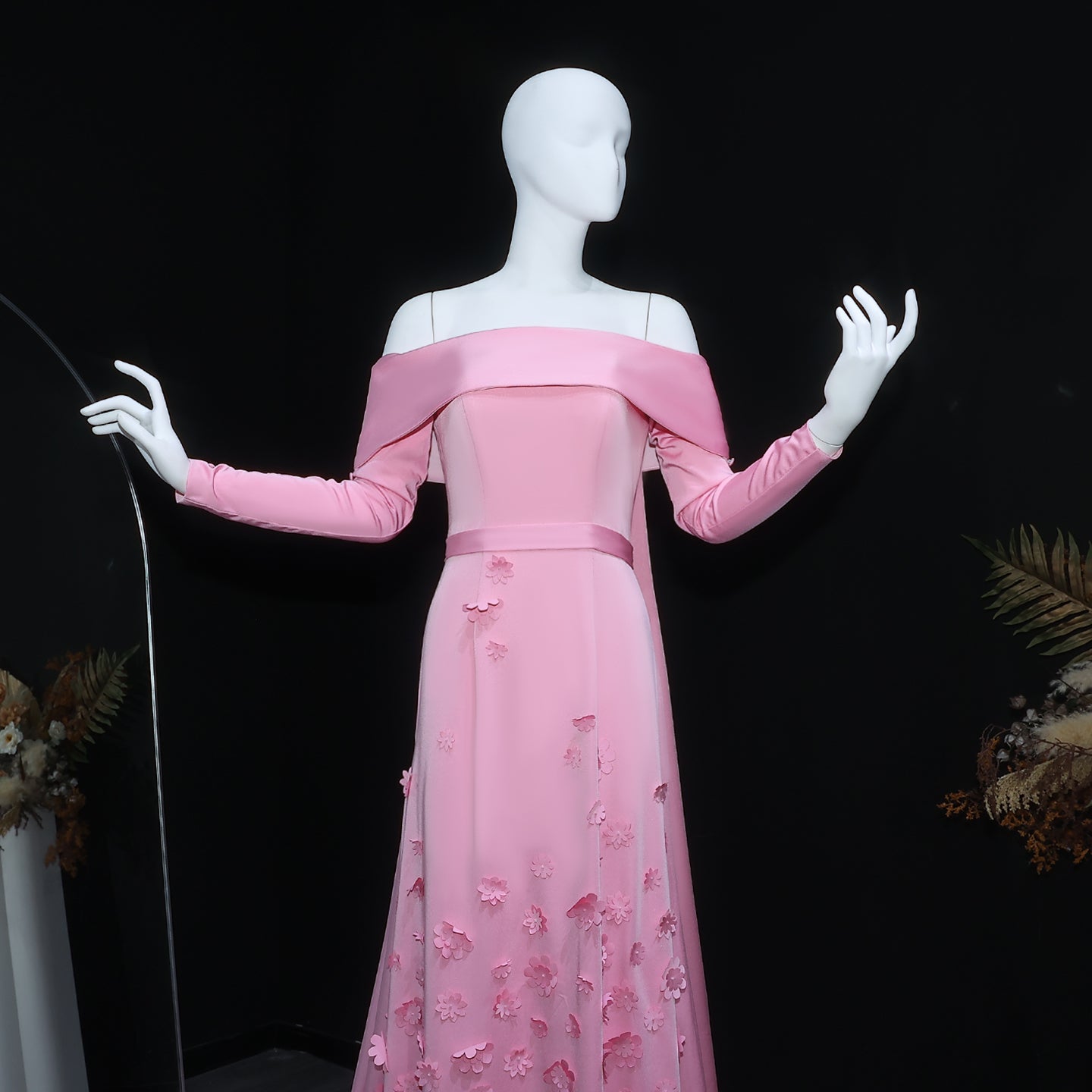 Pink Off-Shoulder 3D Floral A-Line Long Sleeves Evening Dress SF220