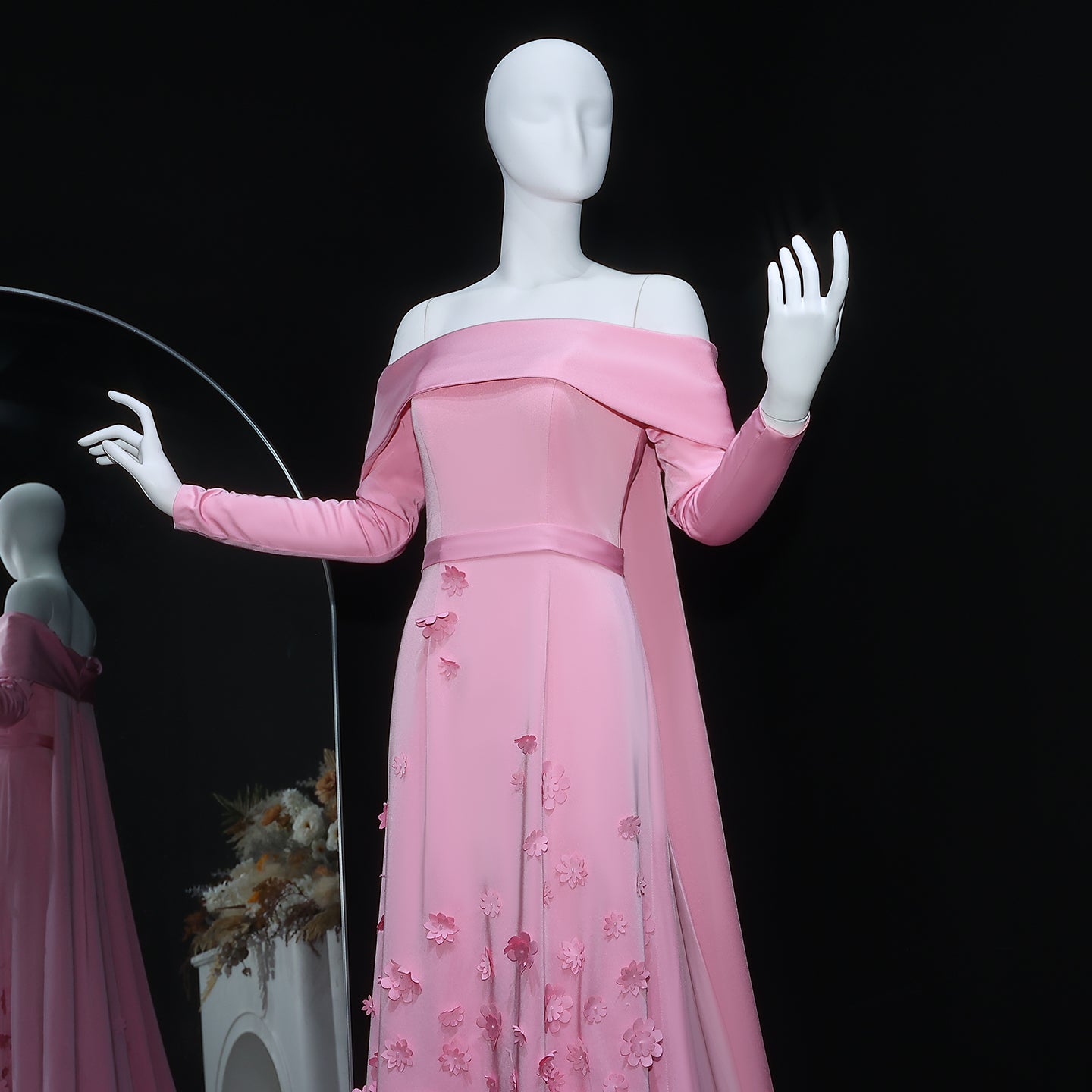 Pink Off-Shoulder 3D Floral A-Line Long Sleeves Evening Dress SF220